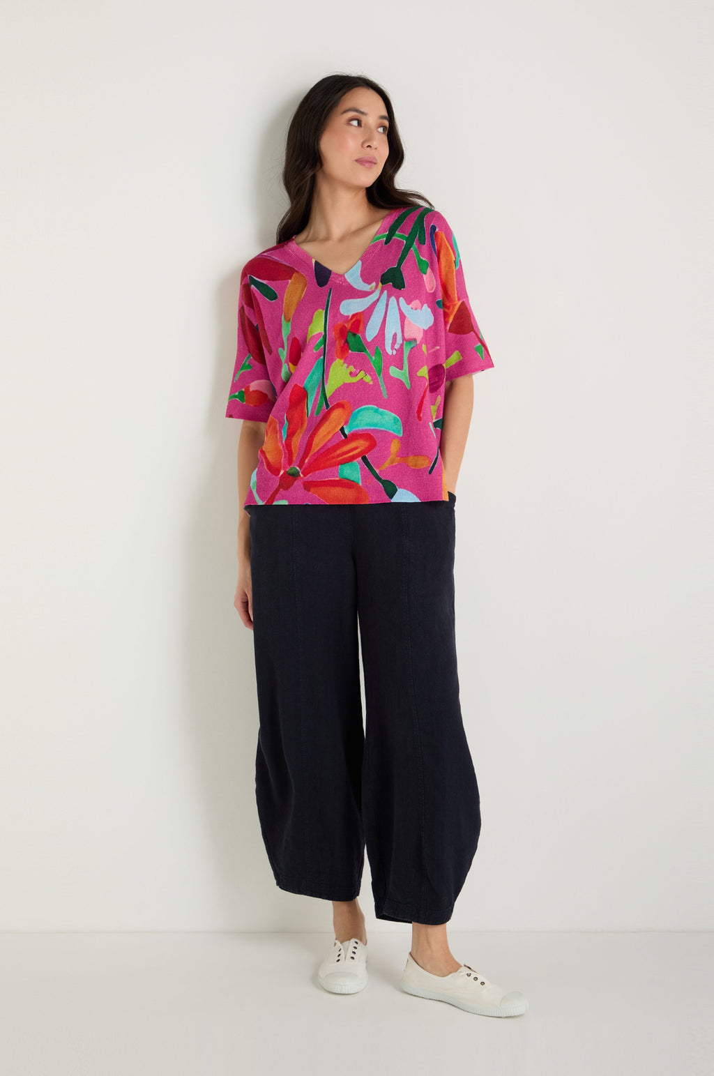 Abstract Floral V-Neck Knit