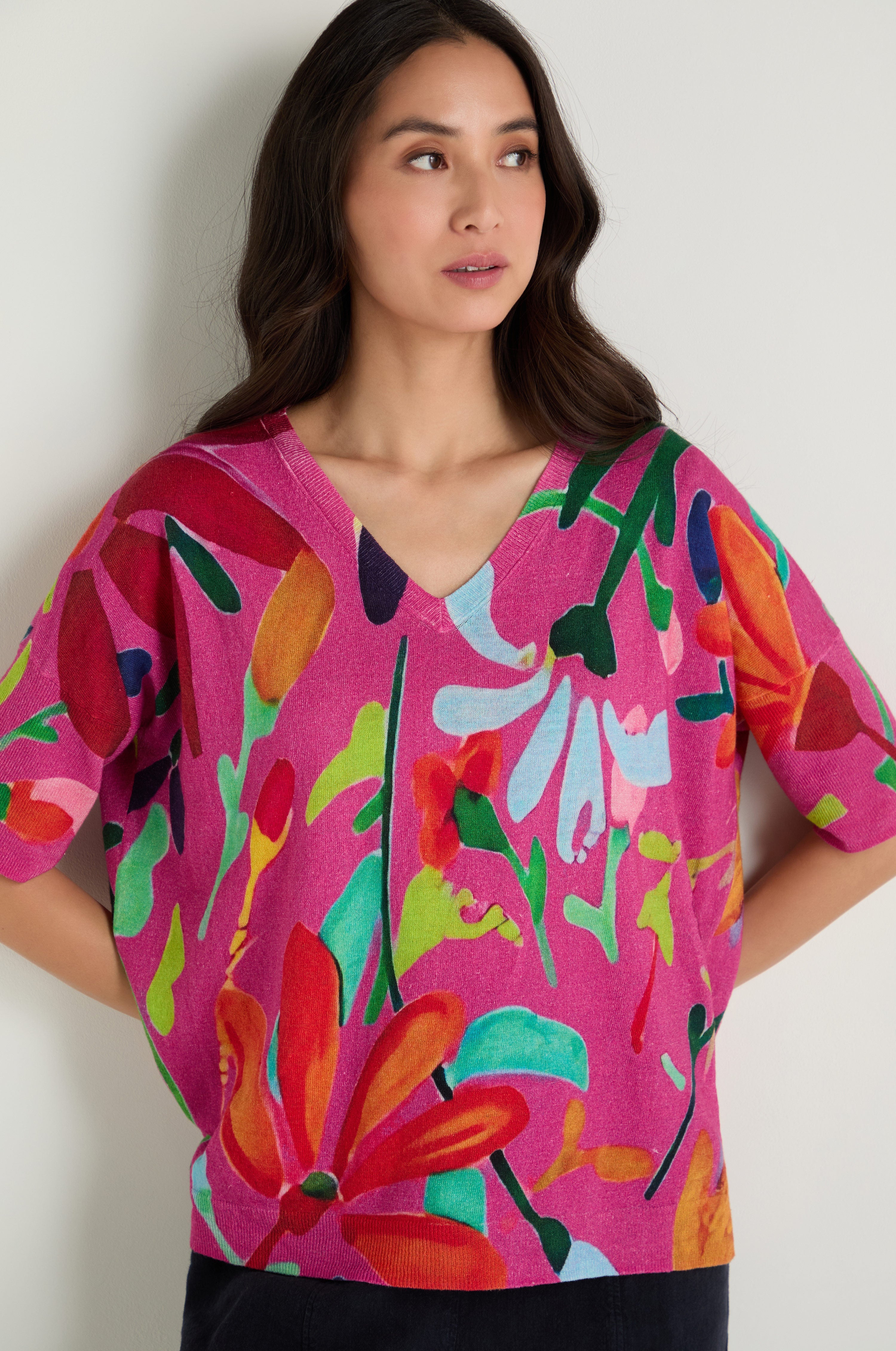 Abstract Floral V-Neck Knit
