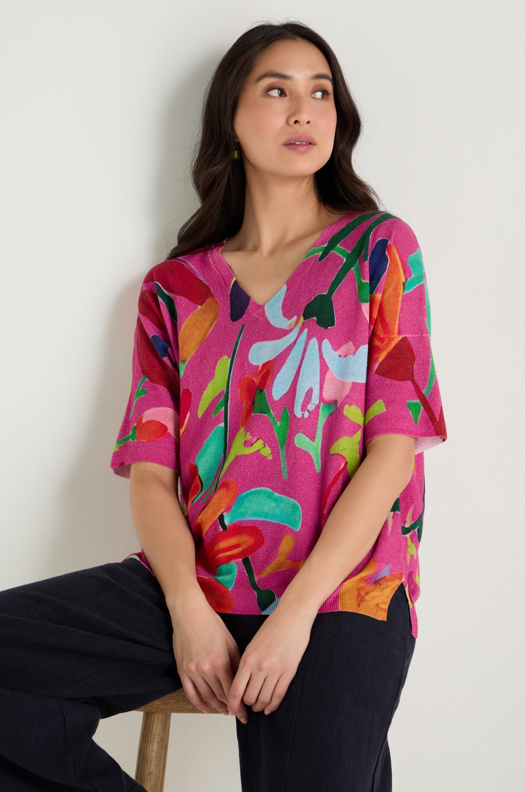Abstract Floral V-Neck Knit