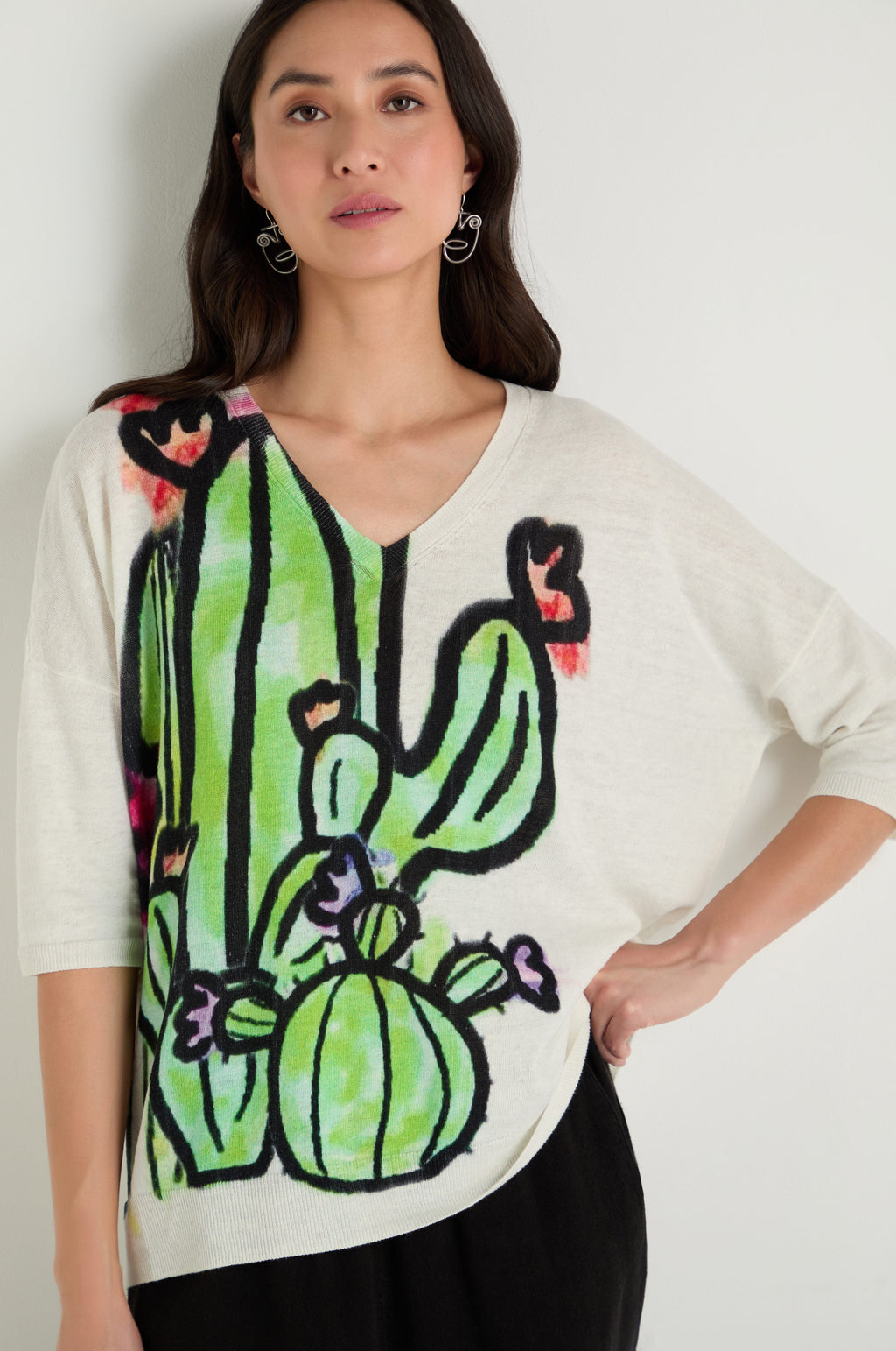 Cactus Linen Cotton V-Neck Knit