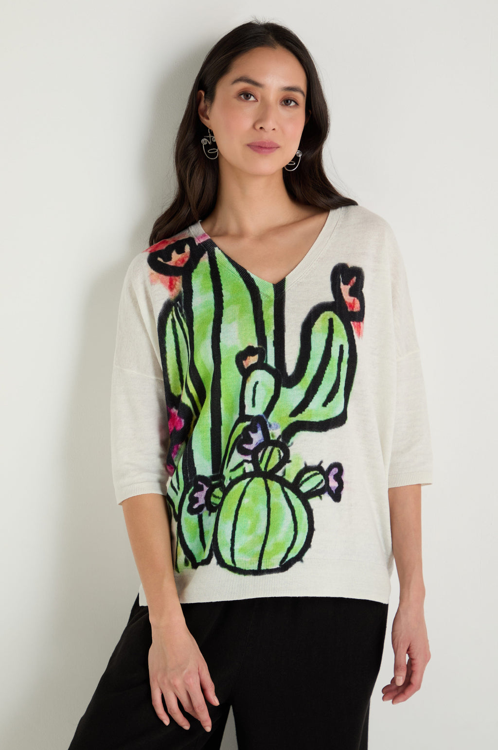 Cactus Linen Cotton V-Neck Knit