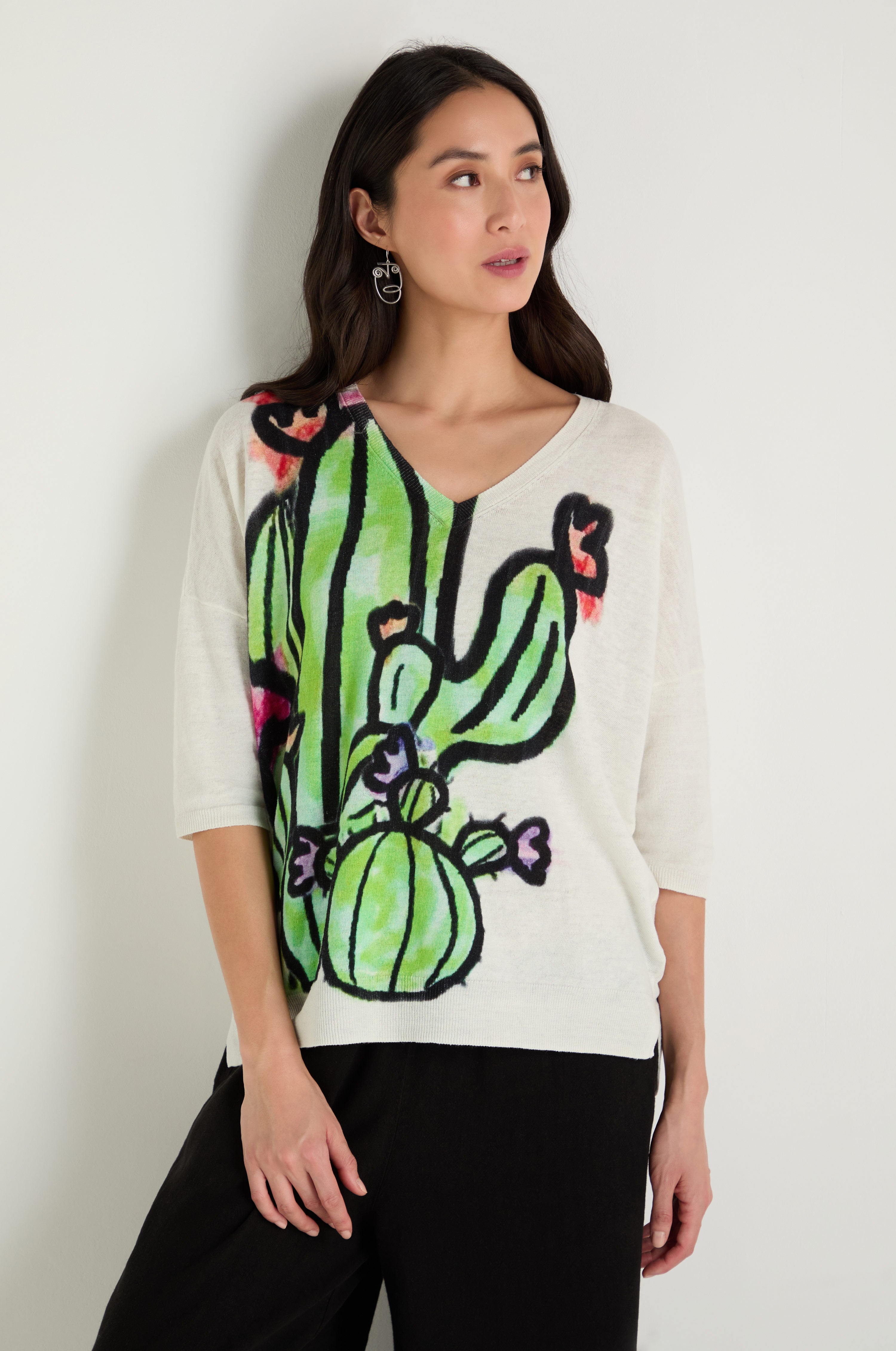 Cactus Linen Cotton V-Neck Knit