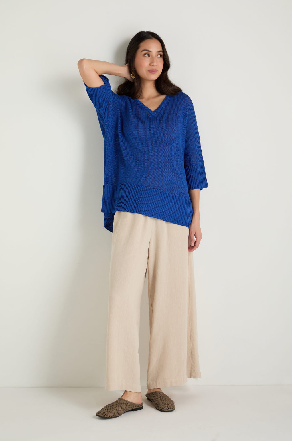 V Neck Relaxed Knit Cobalt Top