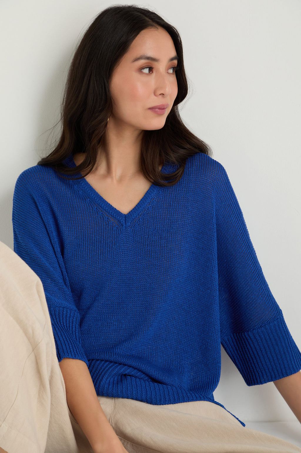 V Neck Relaxed Knit Cobalt Top