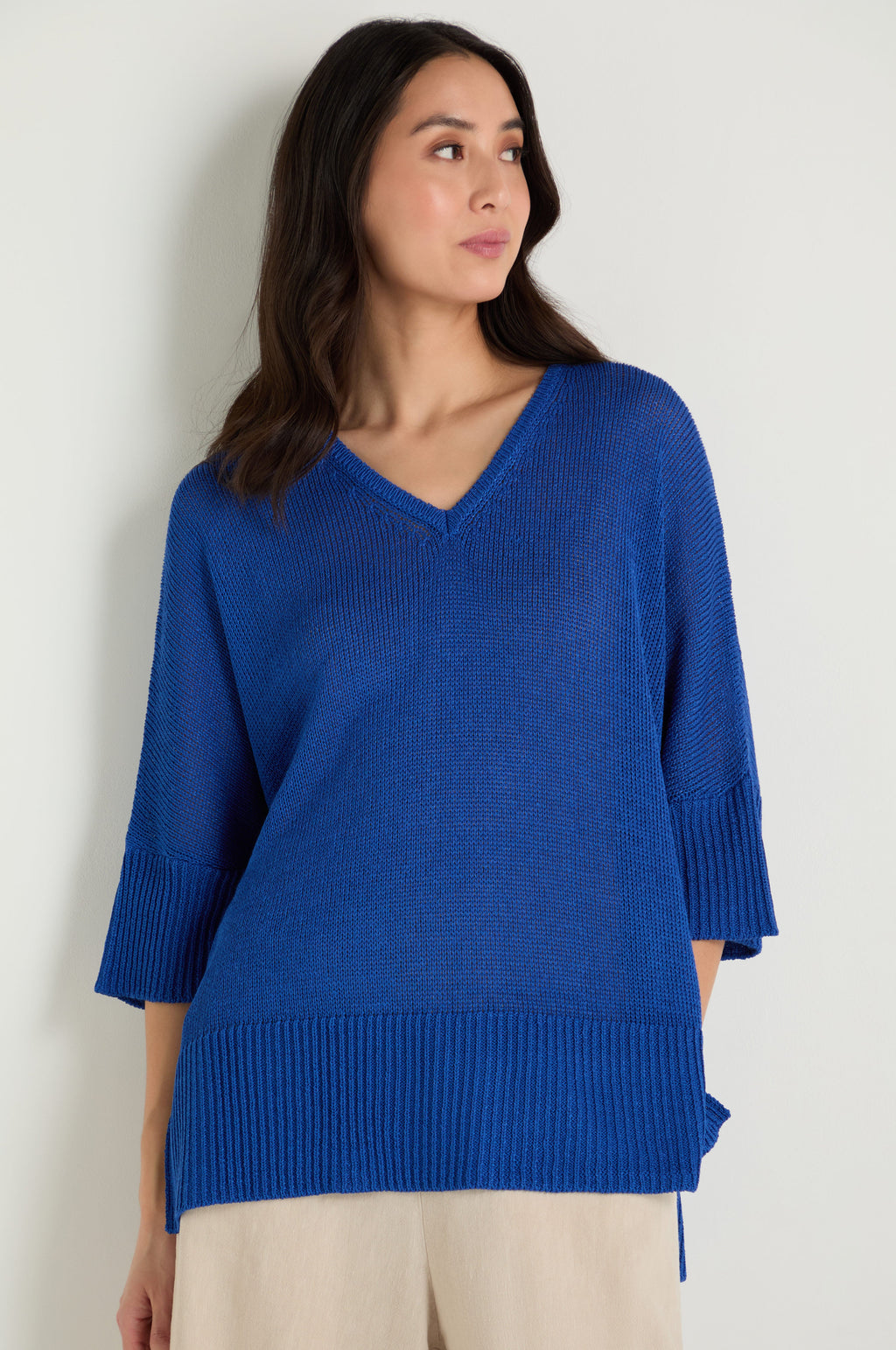 V Neck Relaxed Knit Cobalt Top