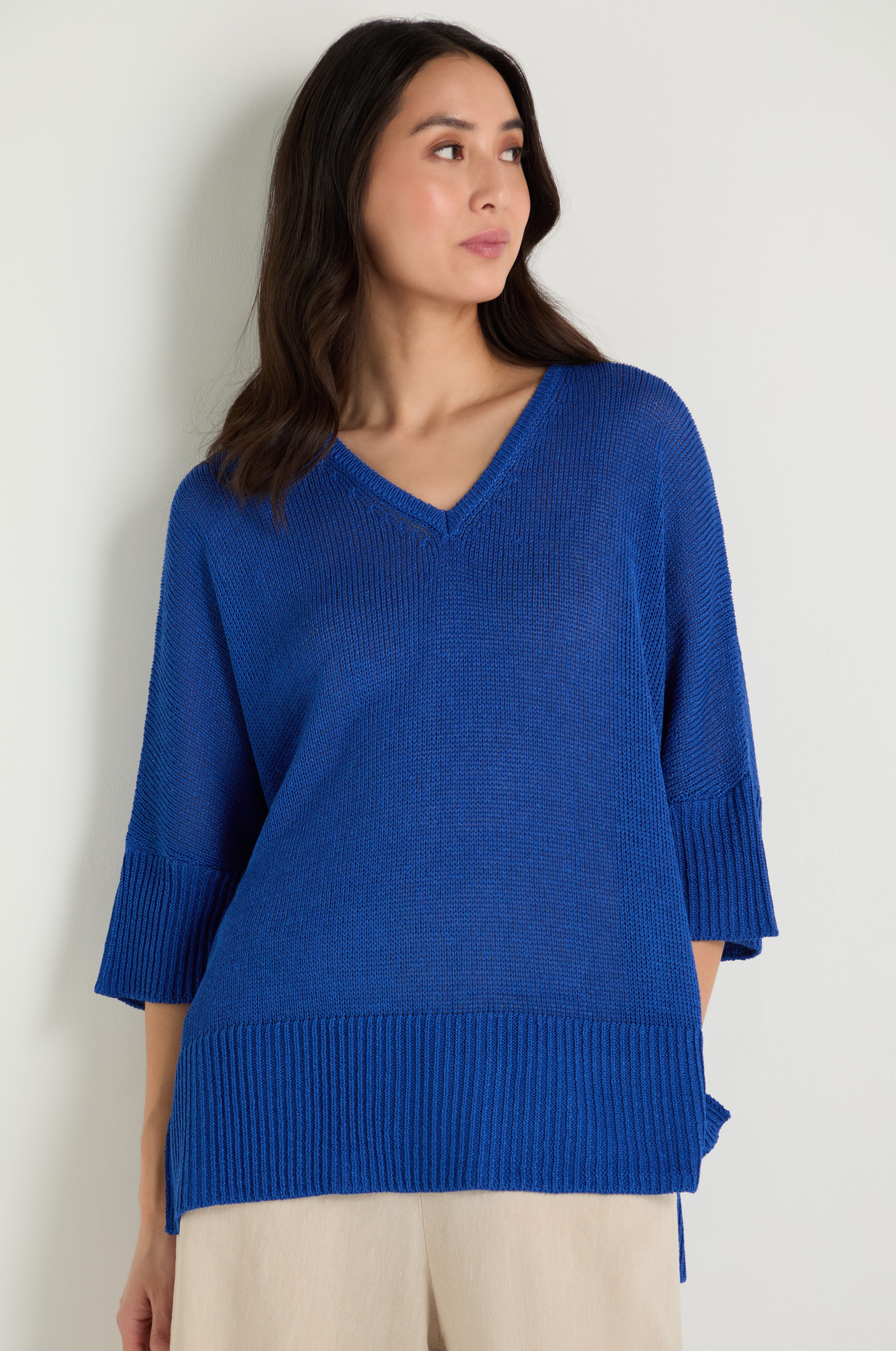 V Neck Relaxed Knit Cobalt Top