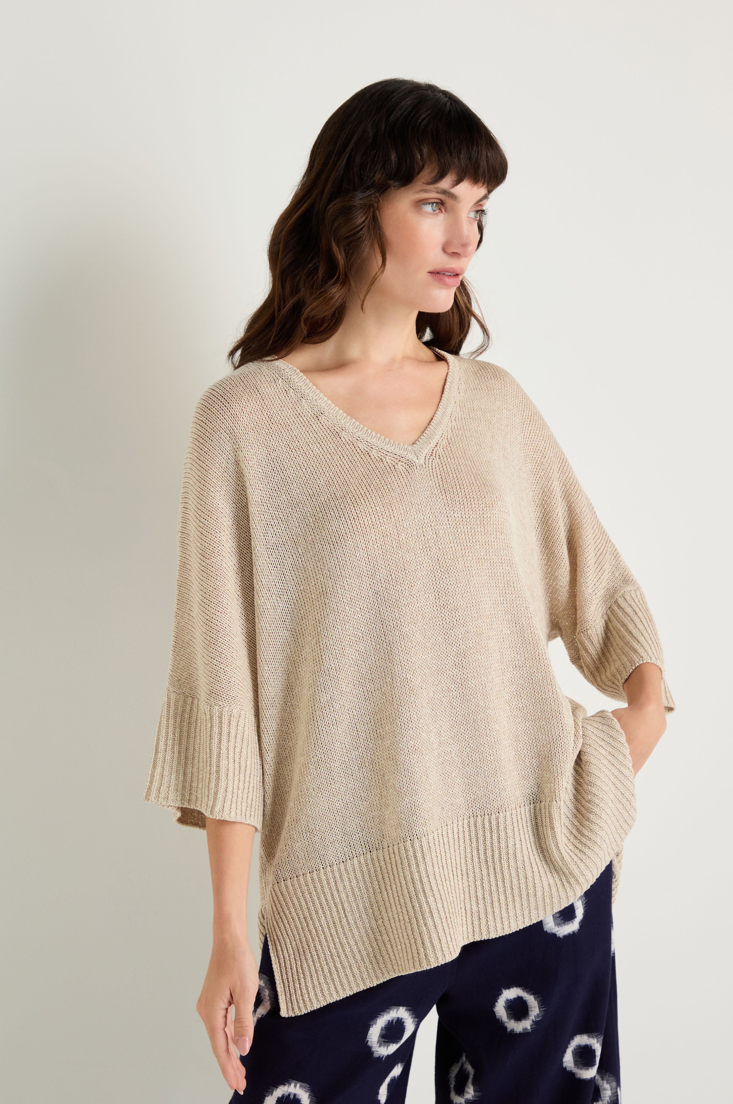V Neck Relaxed Knit Putty Top