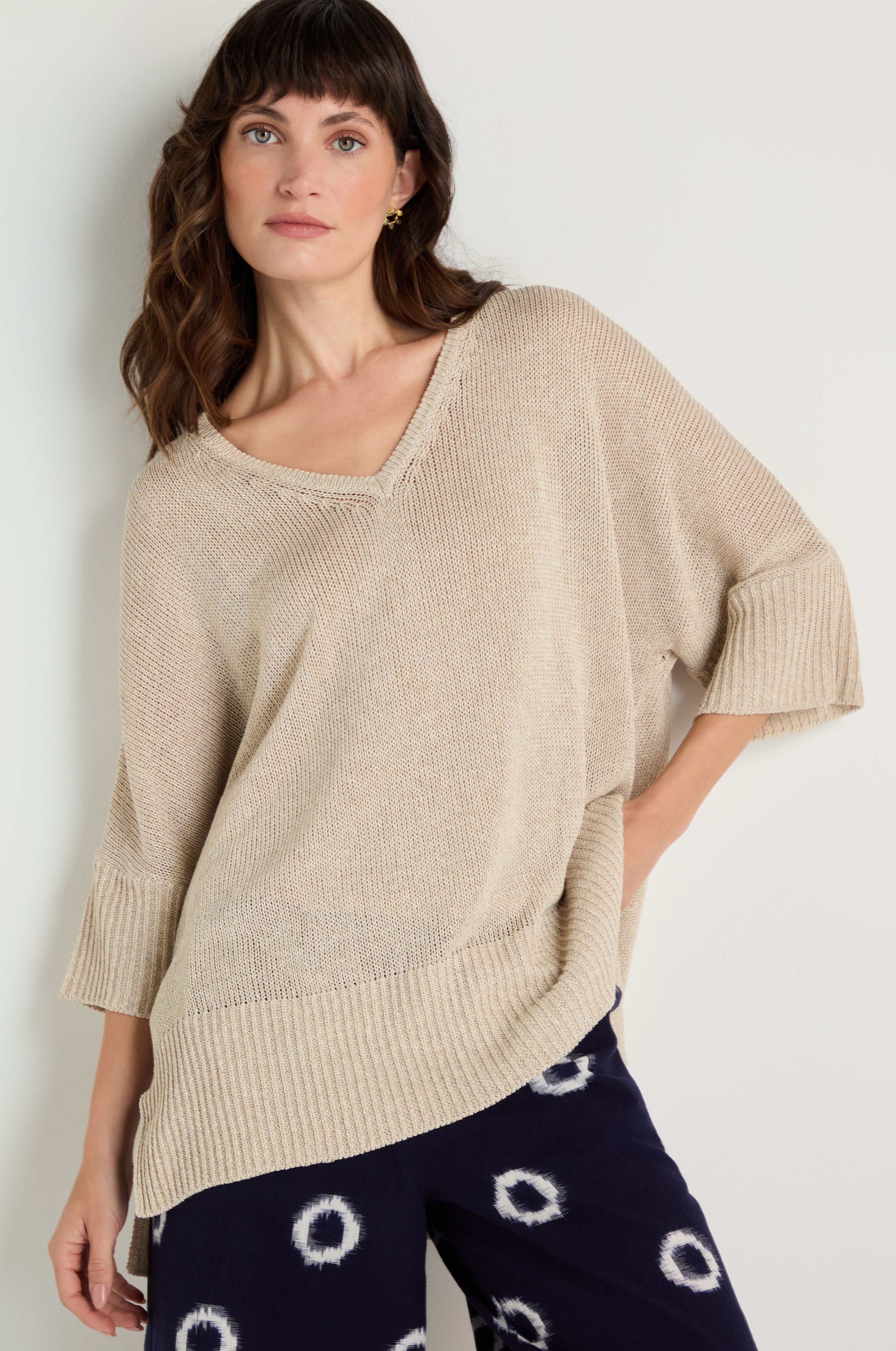 V Neck Relaxed Knit Putty Top