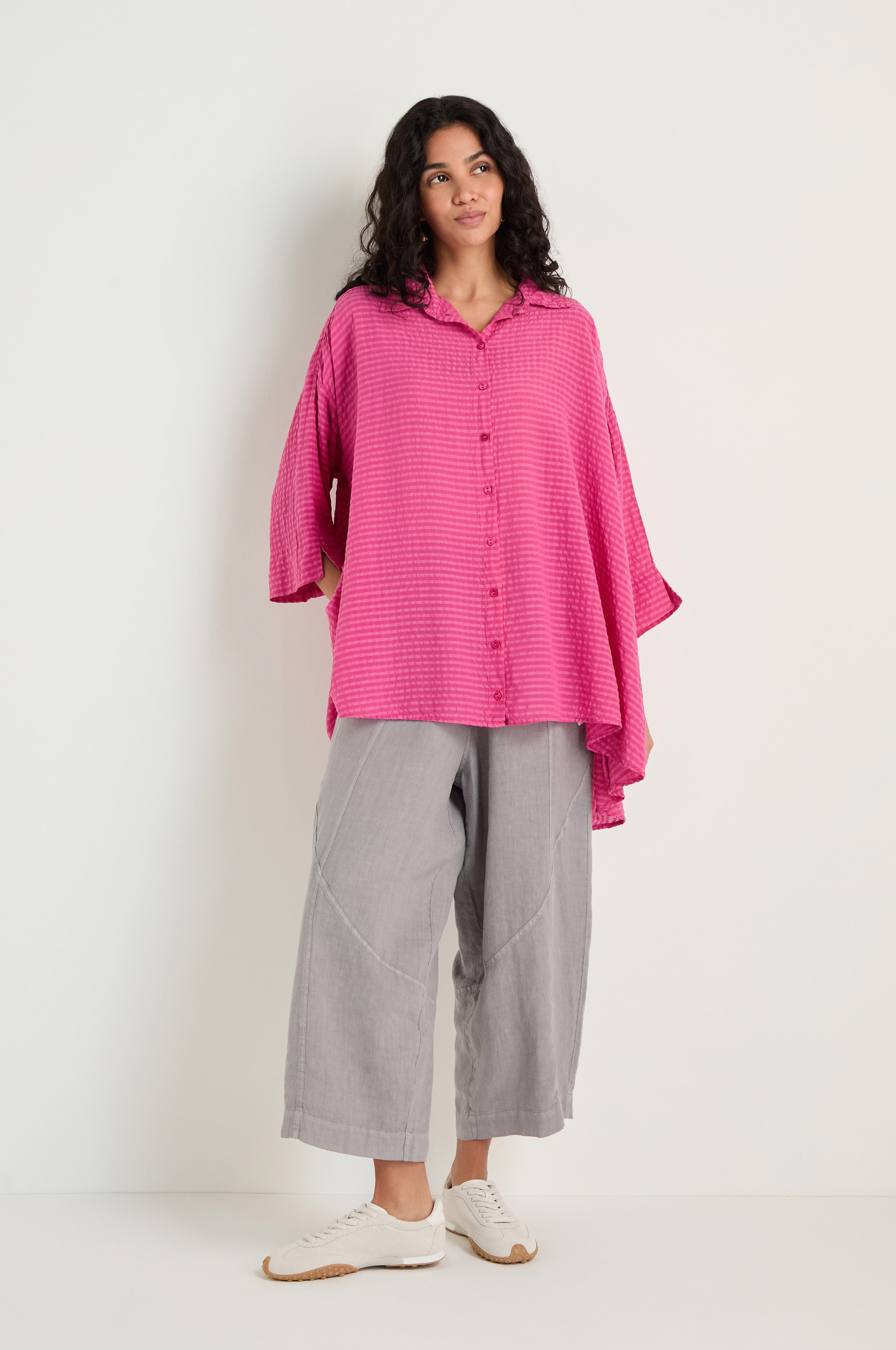 Seersucker Silk Blend Flared Shirt