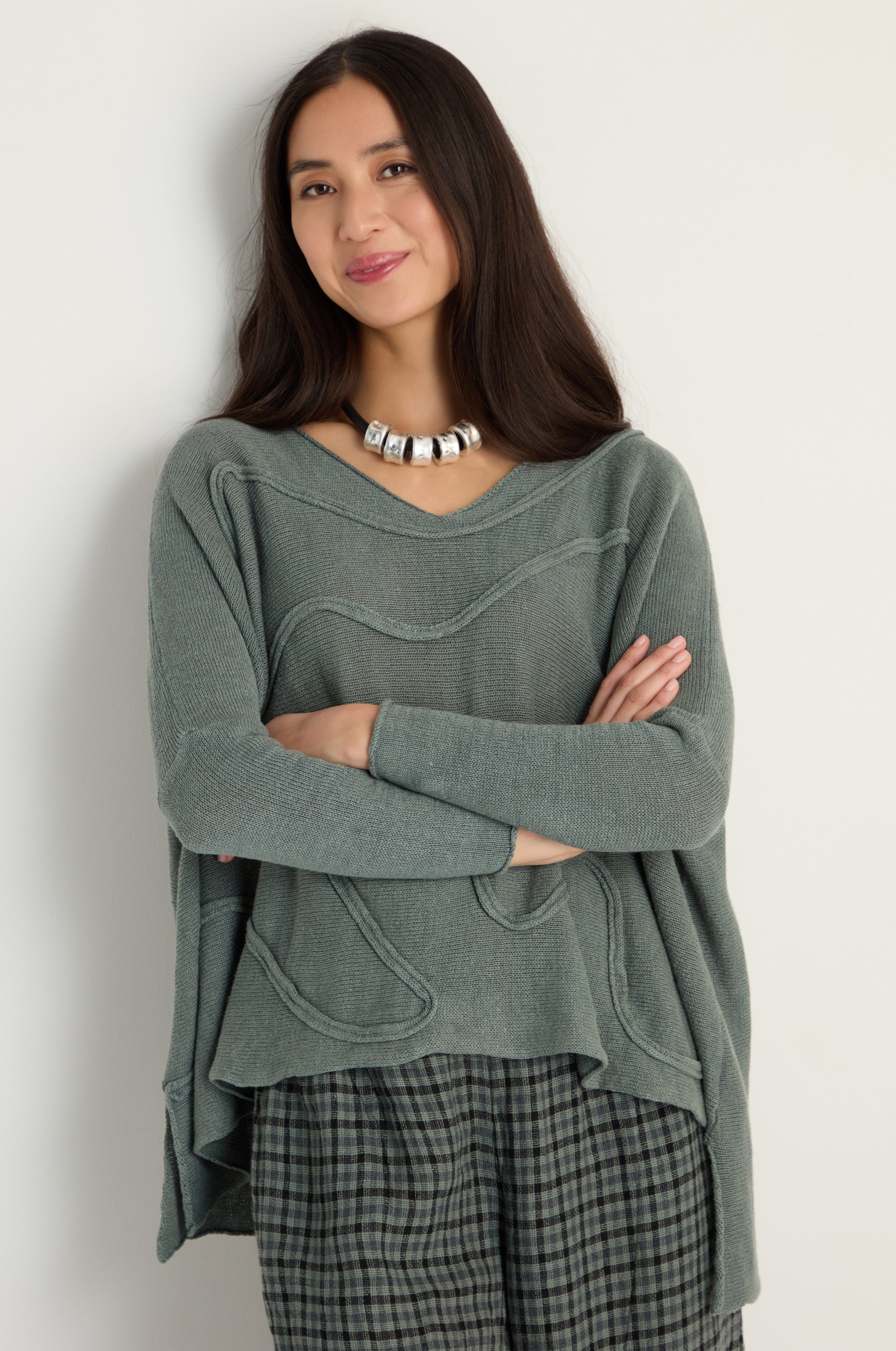 Swirl Seamed Linen Knit Top