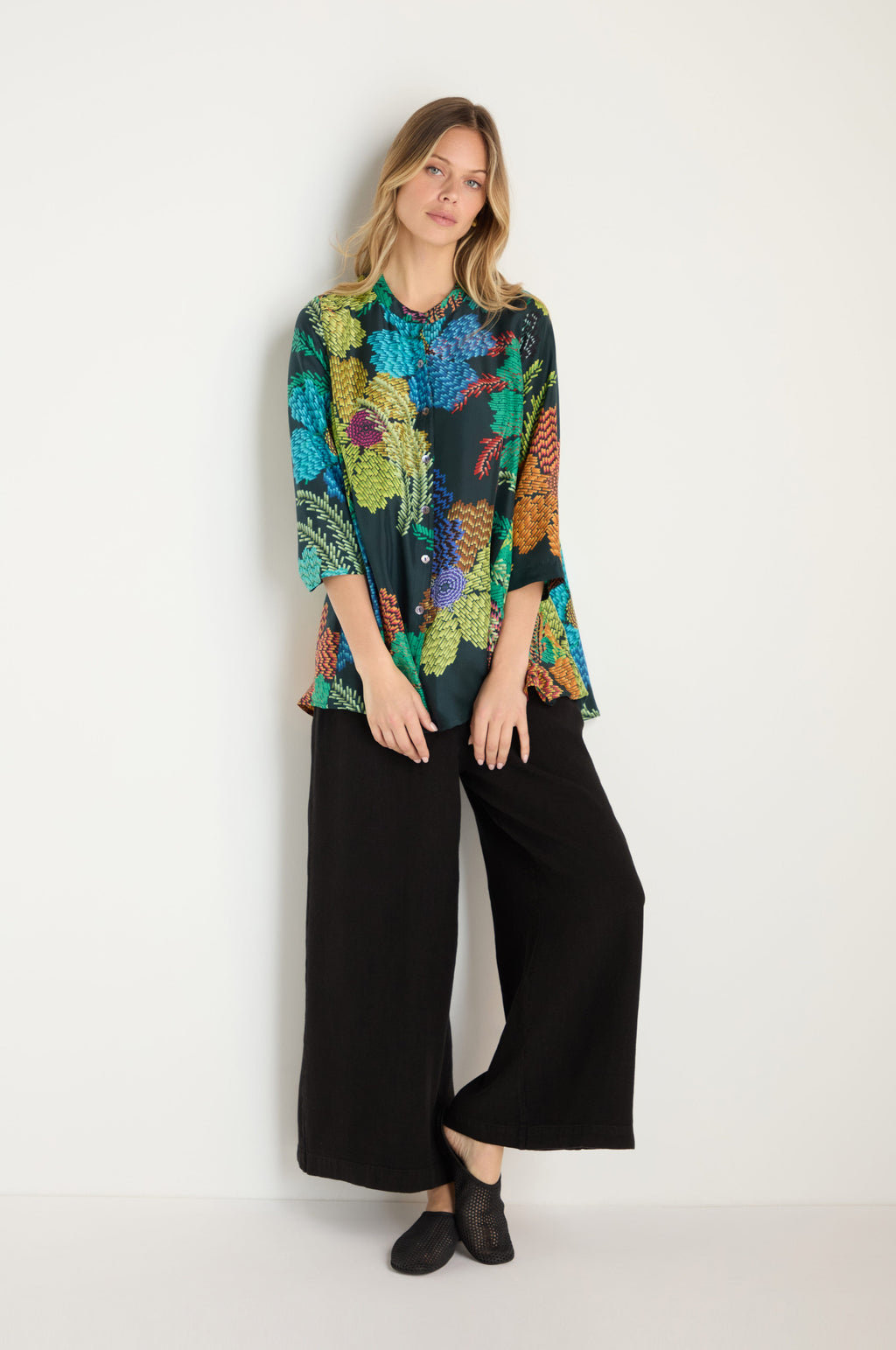 Pixelated Petals Print Silk Shirt