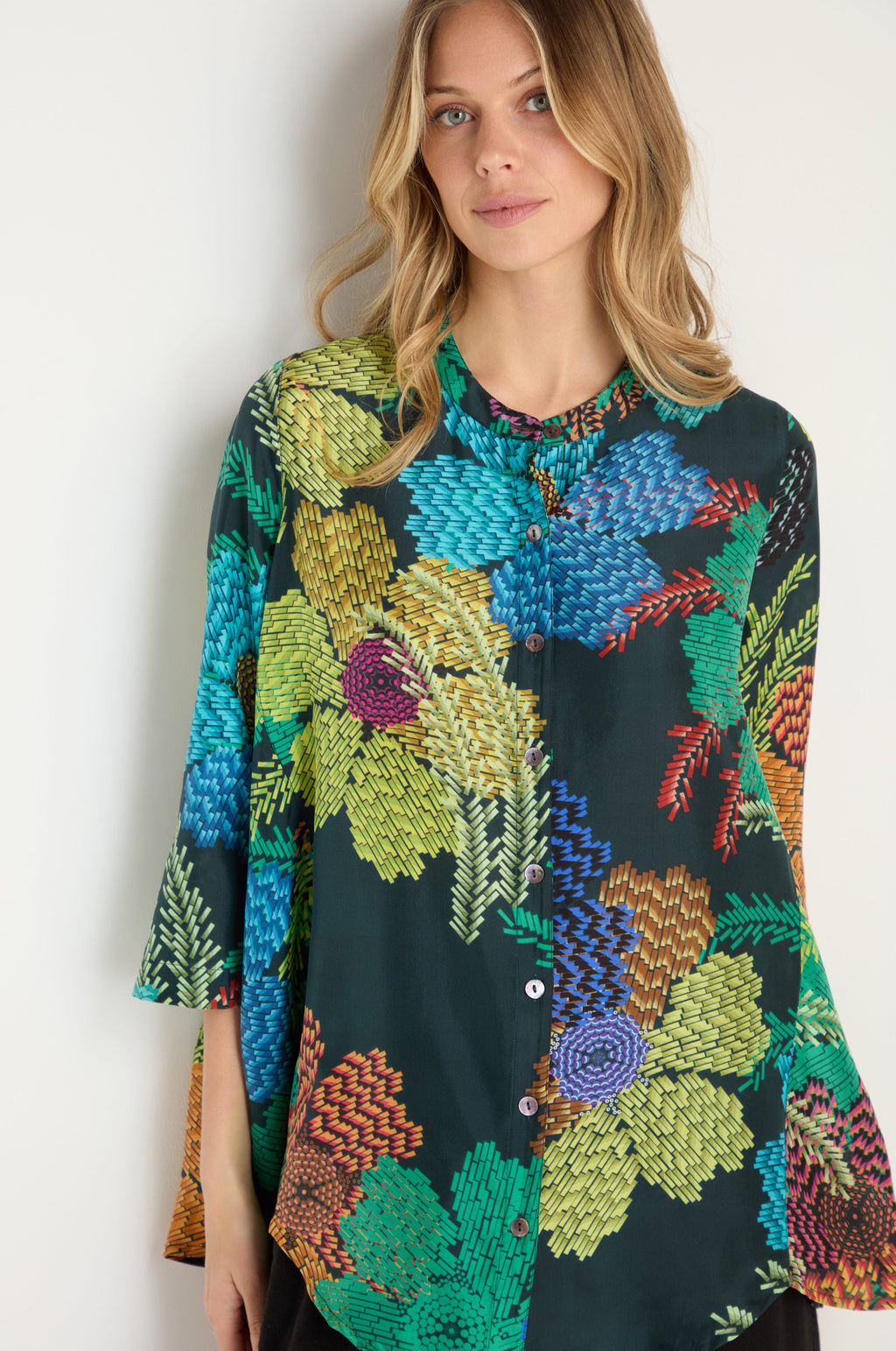 Pixelated Petals Print Silk Shirt