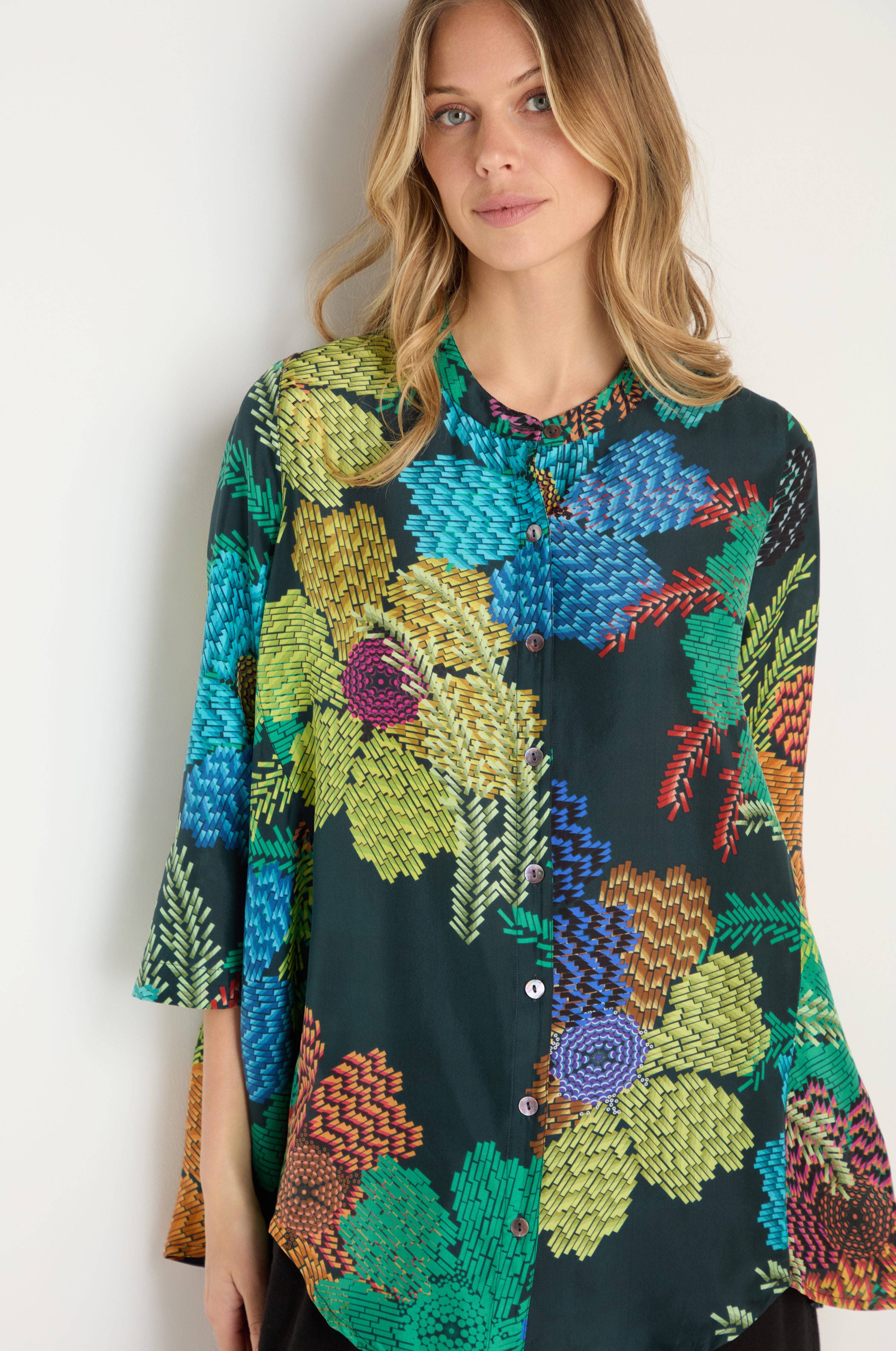 Pixelated Petals Print Silk Shirt