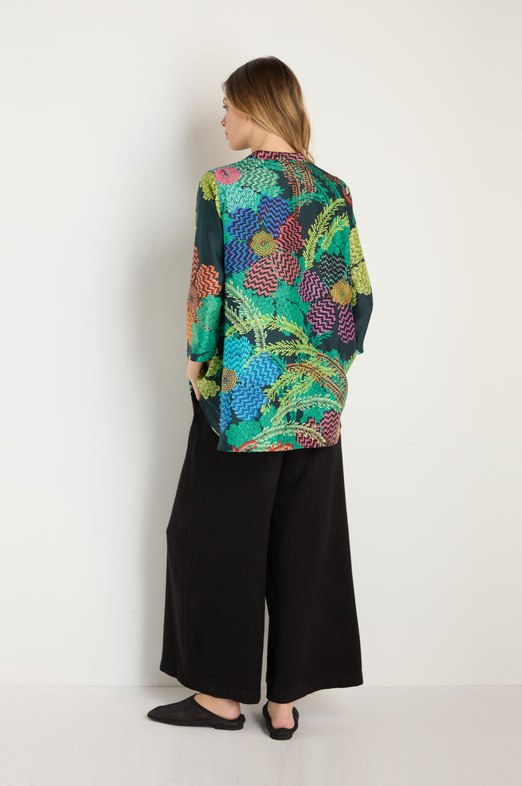 Pixelated Petals Print Silk Shirt