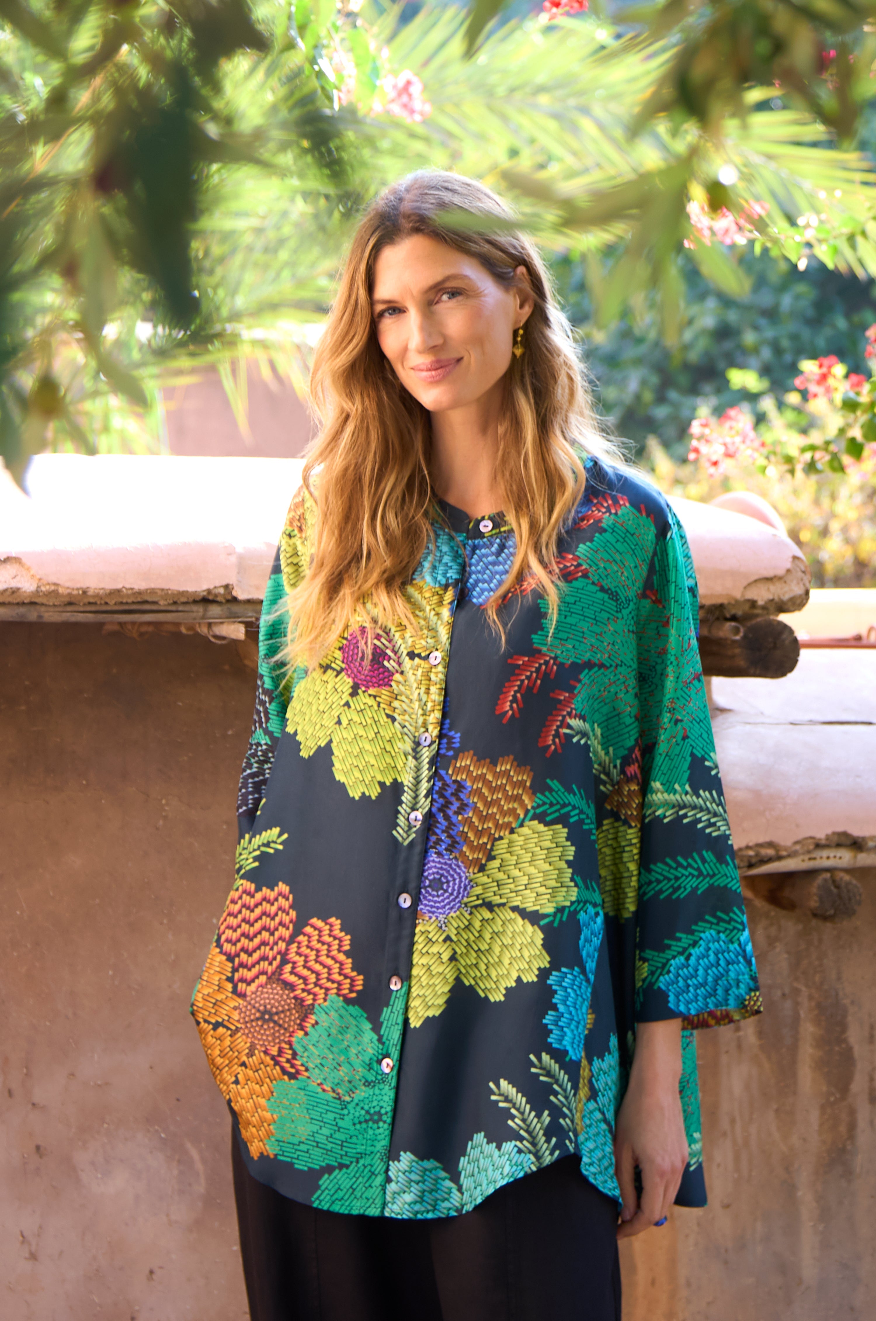 Pixelated Petals Print Silk Shirt