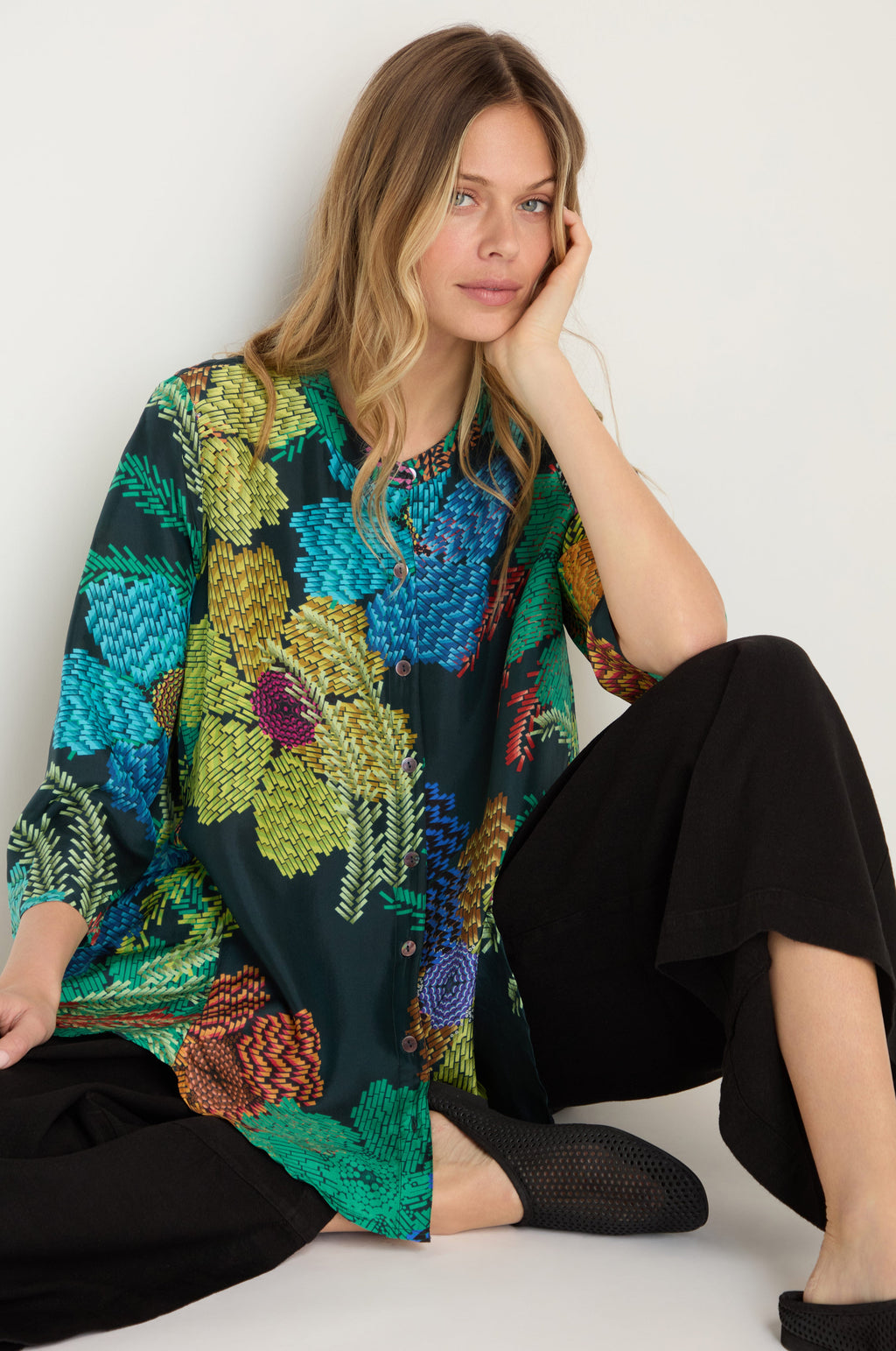 Pixelated Petals Print Silk Shirt