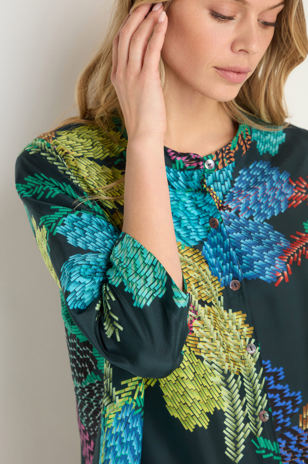 Pixelated Petals Print Silk Shirt
