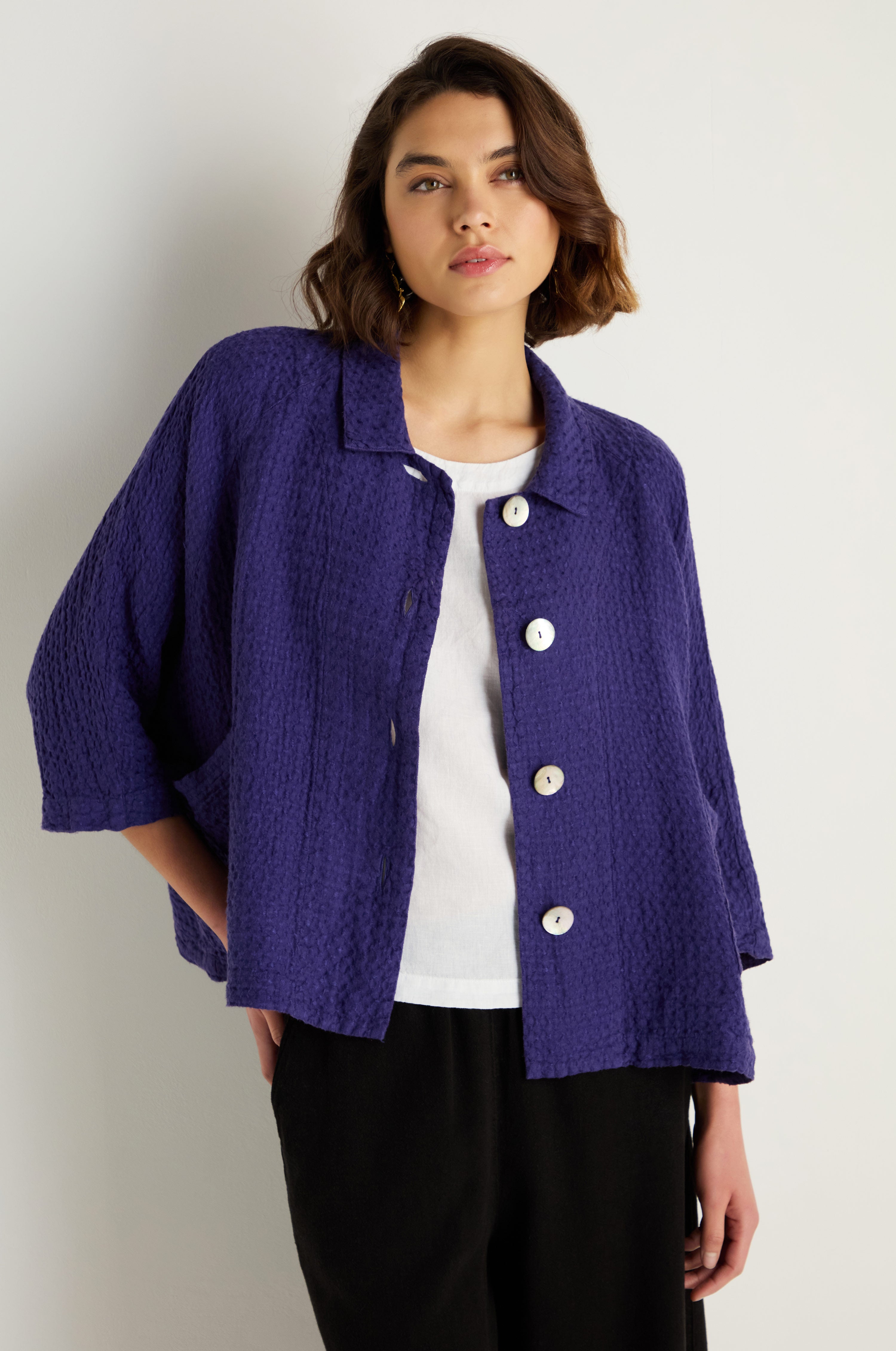 Waffle Linen Blueberry Boxy Jacket