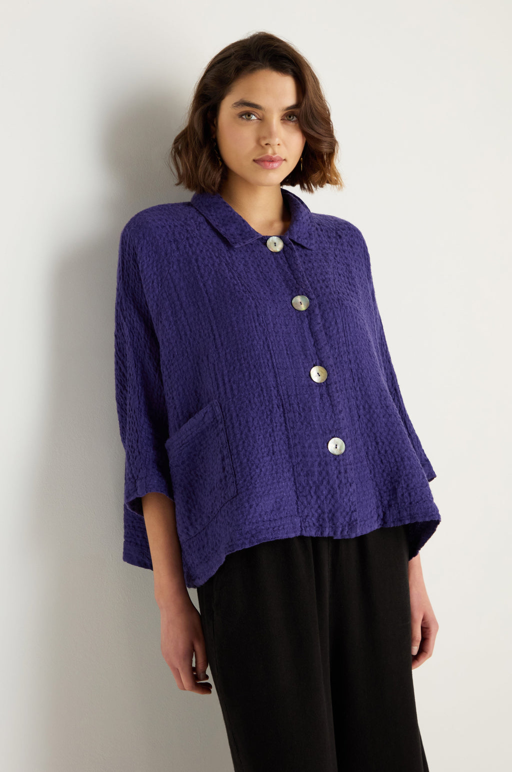 Waffle Linen Blueberry Boxy Jacket
