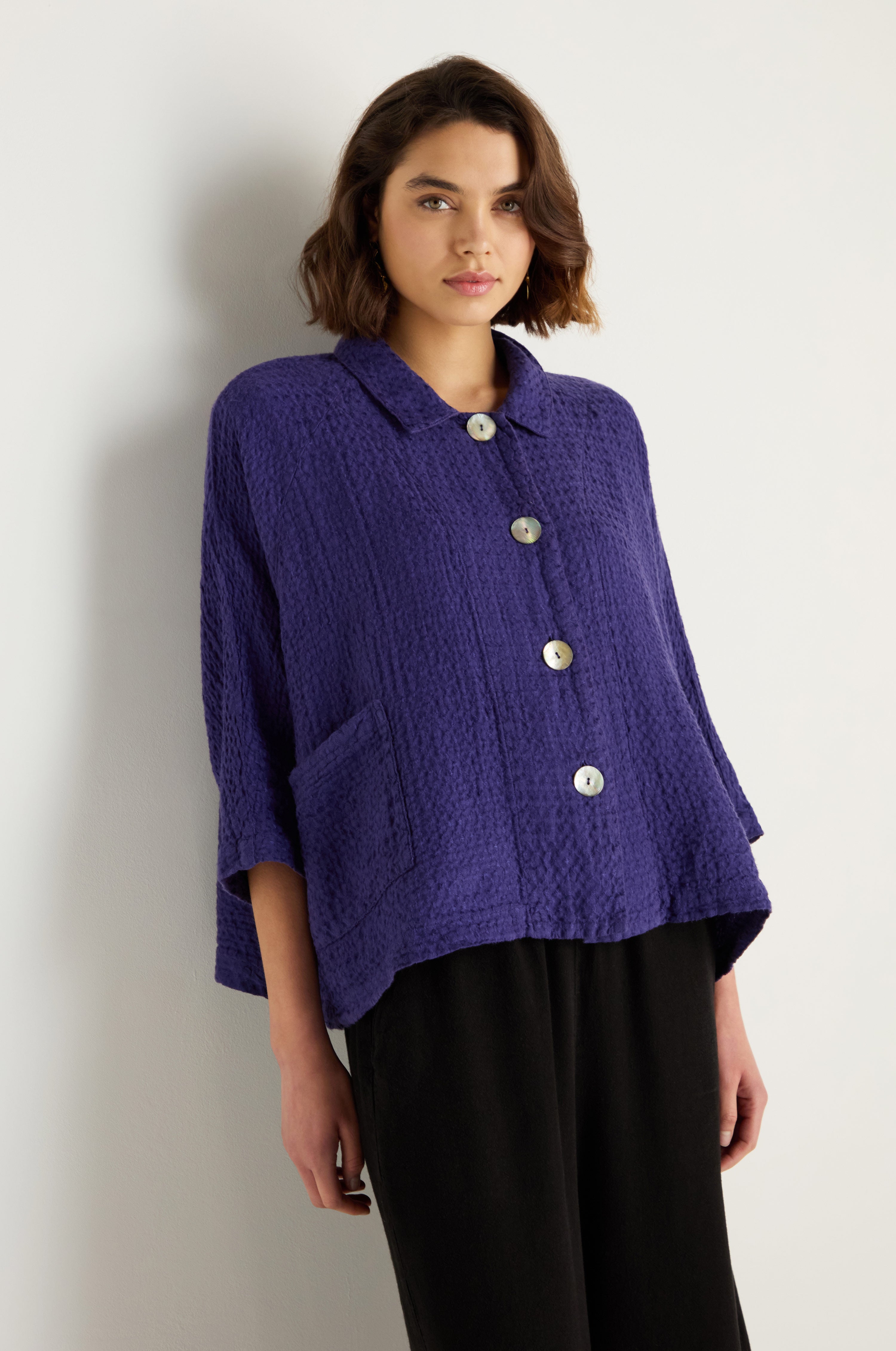 Waffle Linen Blueberry Boxy Jacket