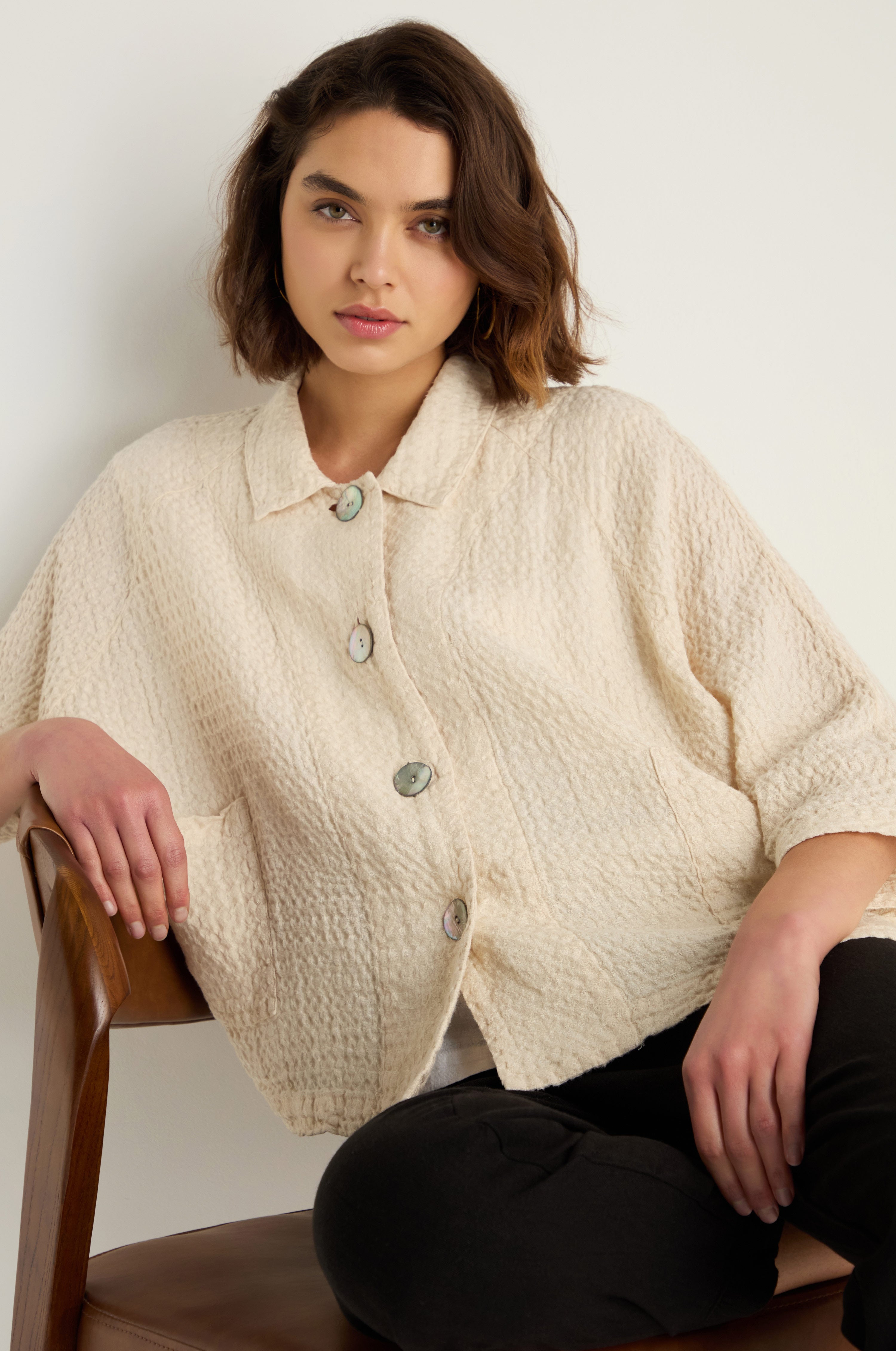 Waffle Linen Ecru Boxy Jacket