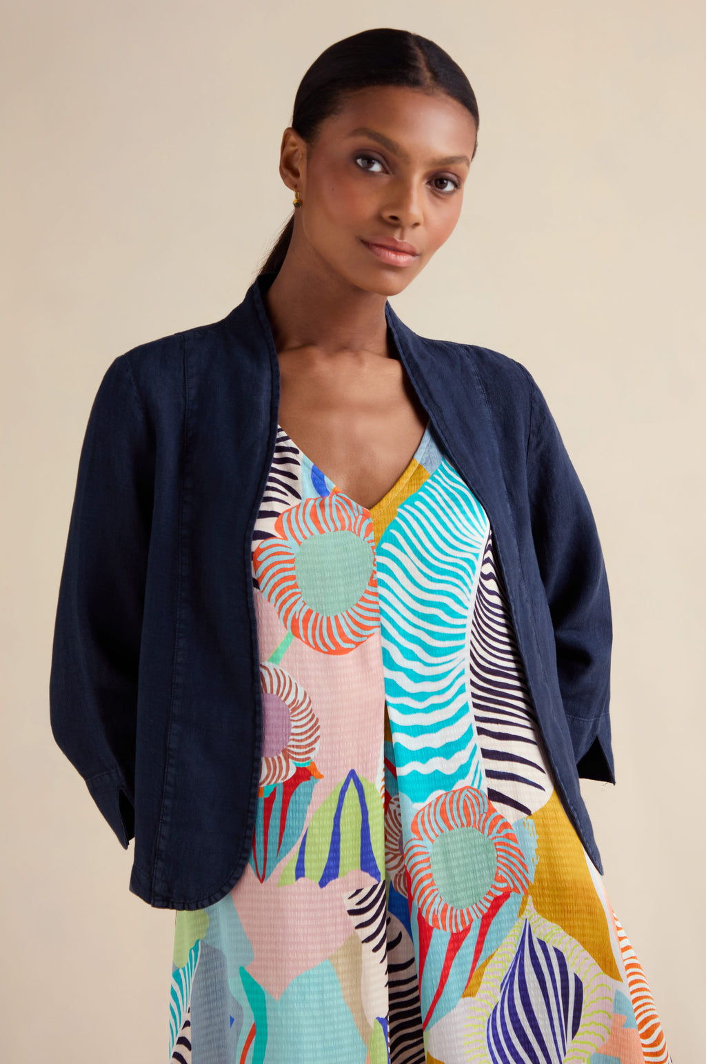 Navy Linen Cropped Jacket