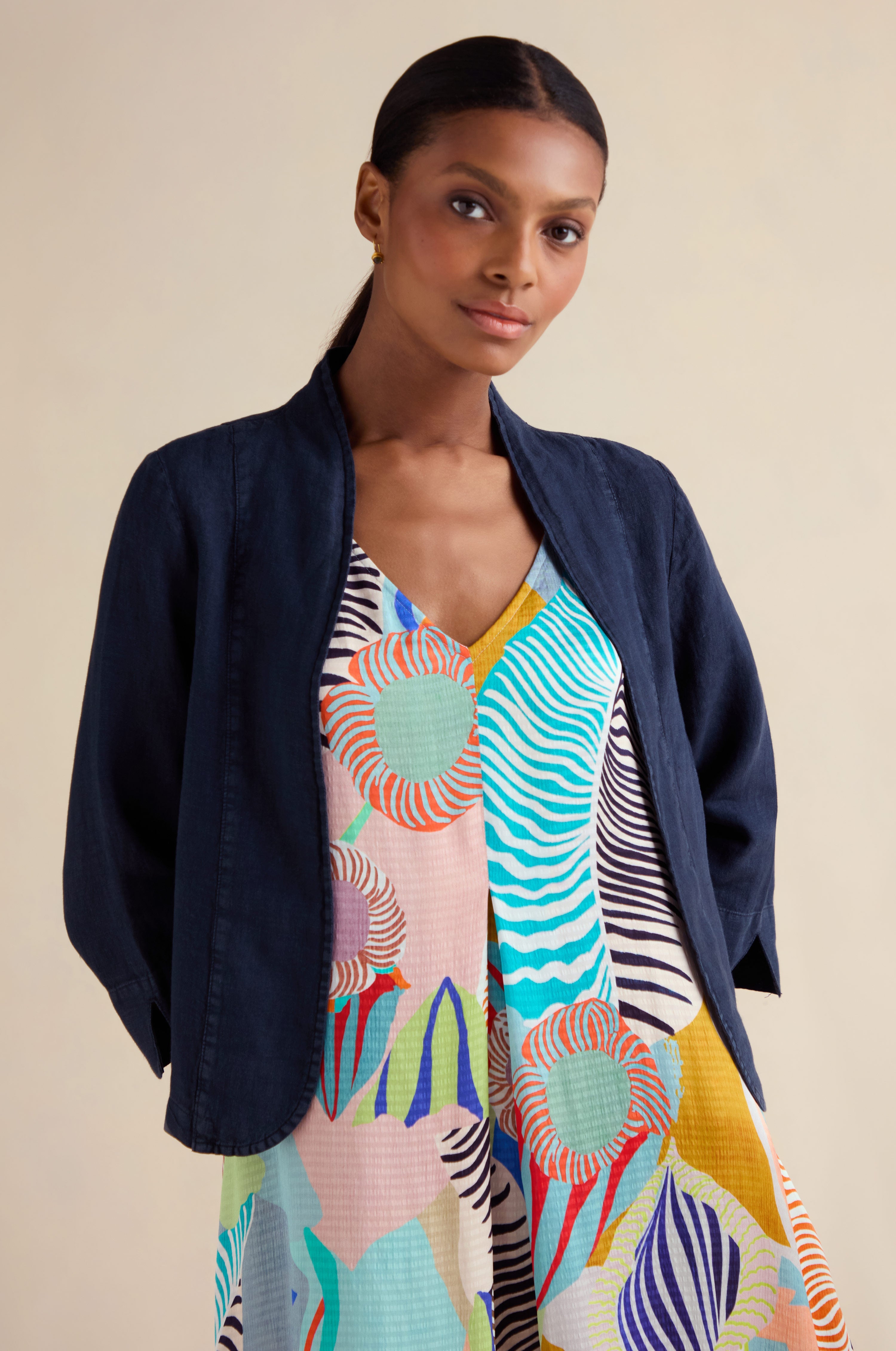 Navy Linen Cropped Jacket