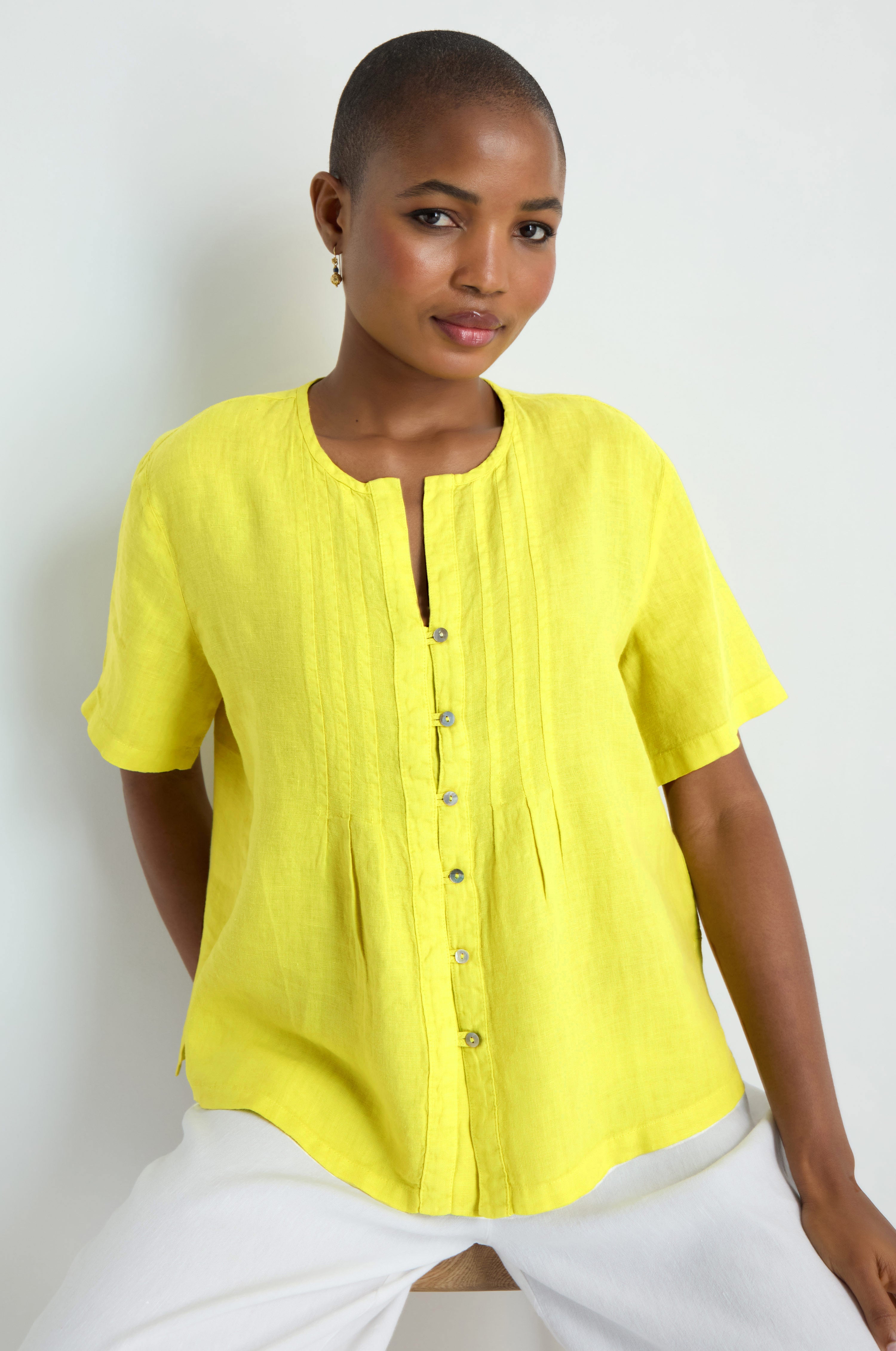 Linen Pleat Short Sleeve Lemon Shirt