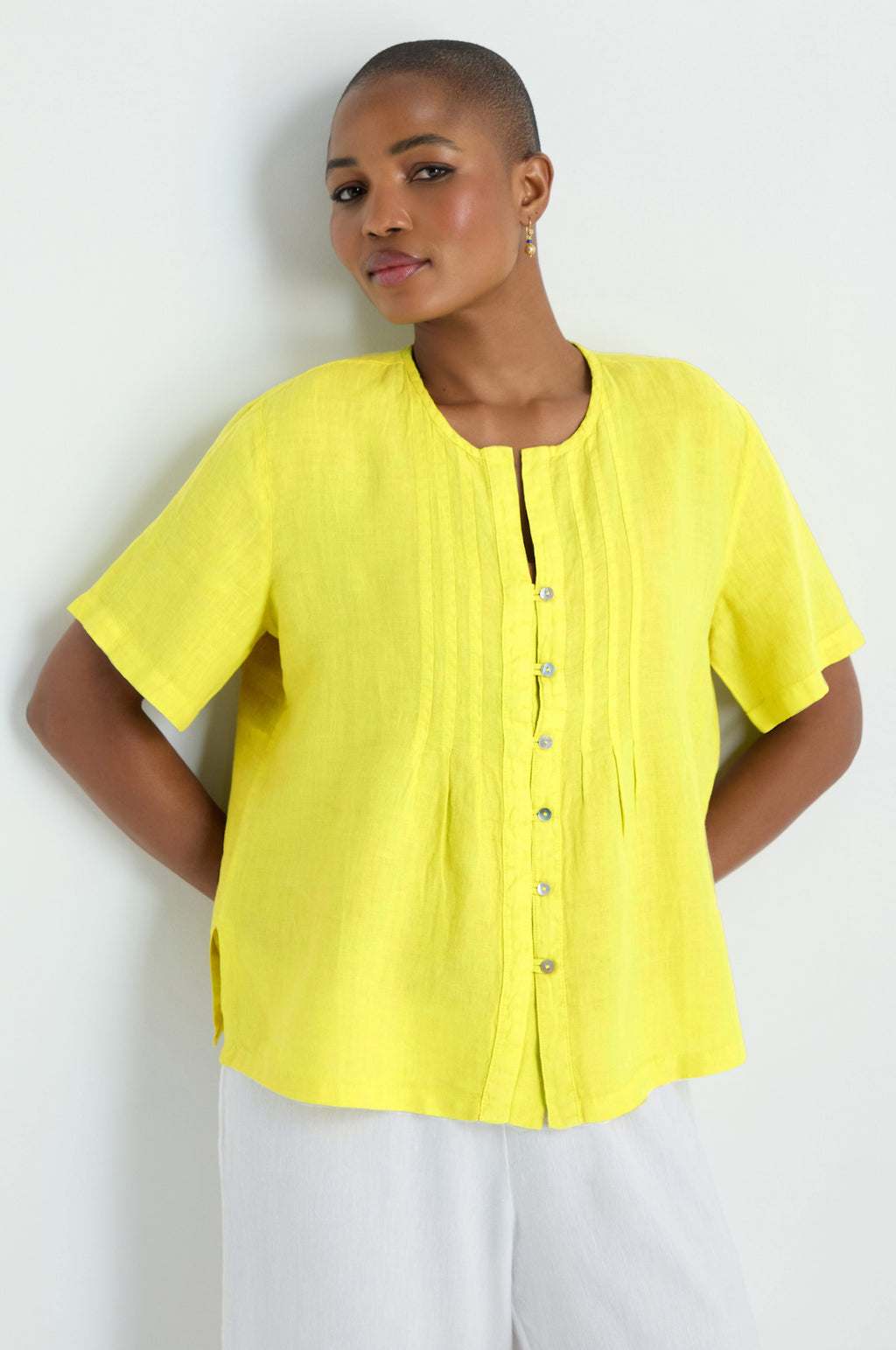 Linen Pleat Short Sleeve Lemon Shirt