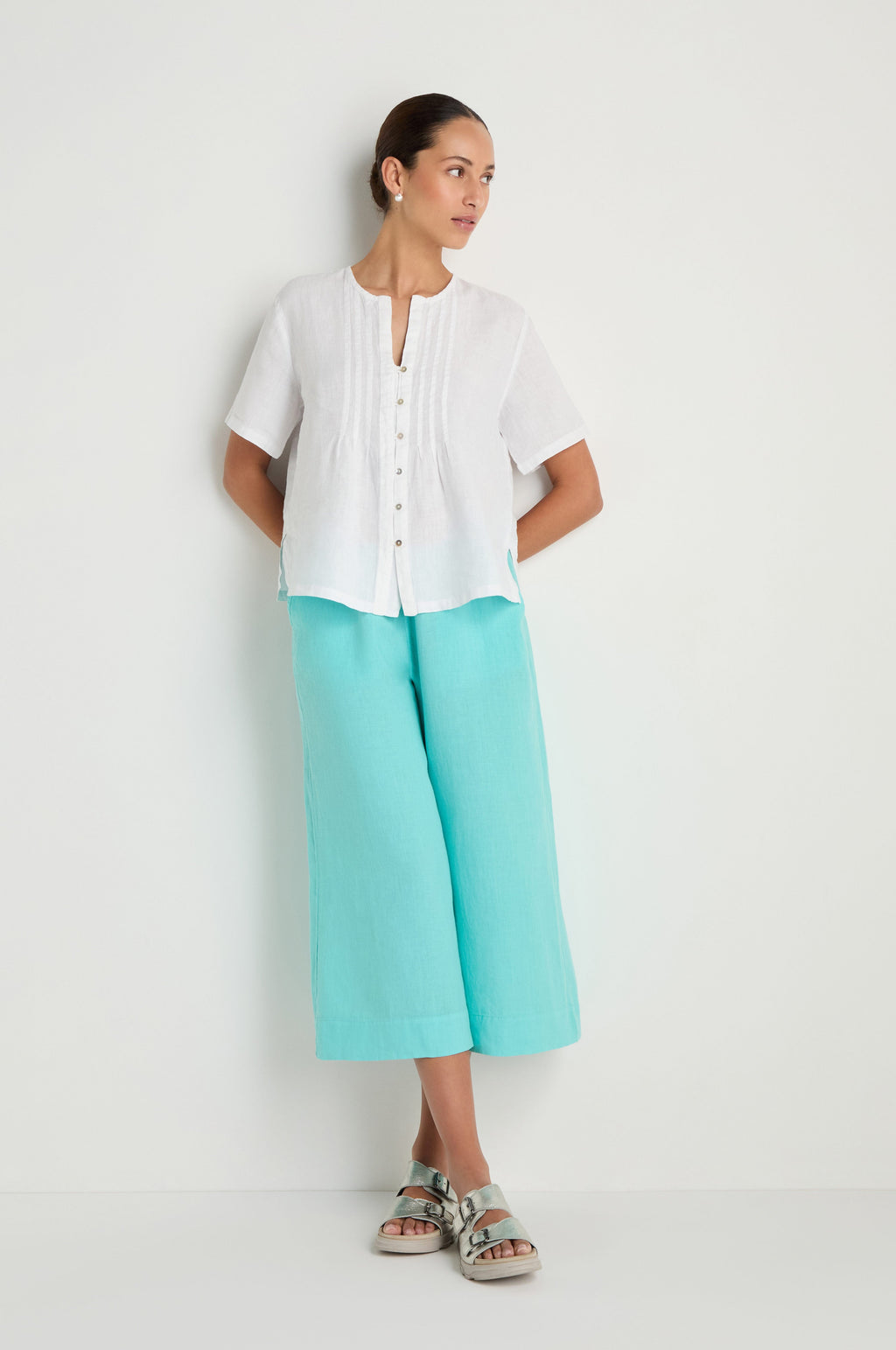 Linen Pleat Short Sleeve White Shirt