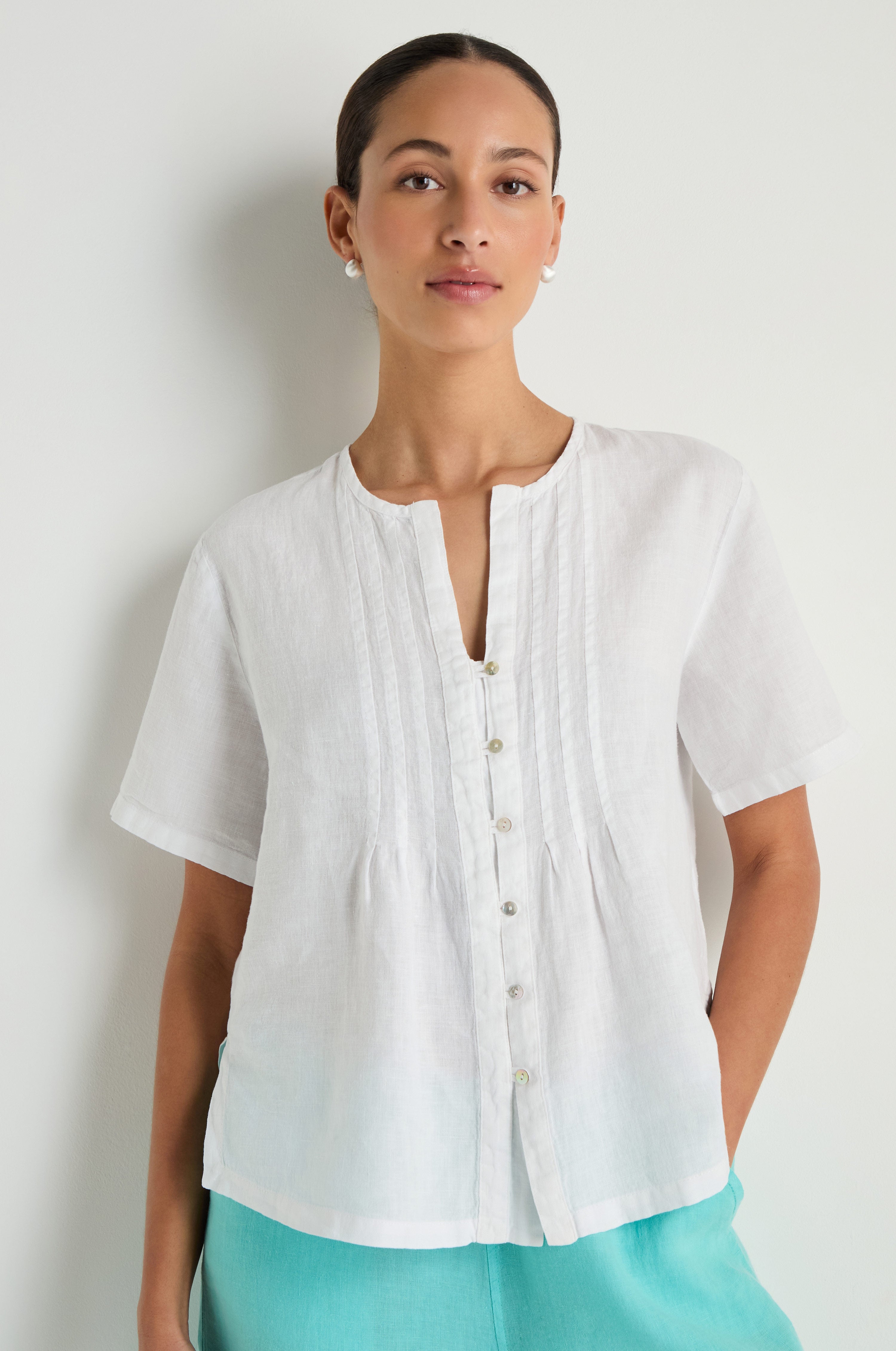 Linen Pleat Short Sleeve White Shirt