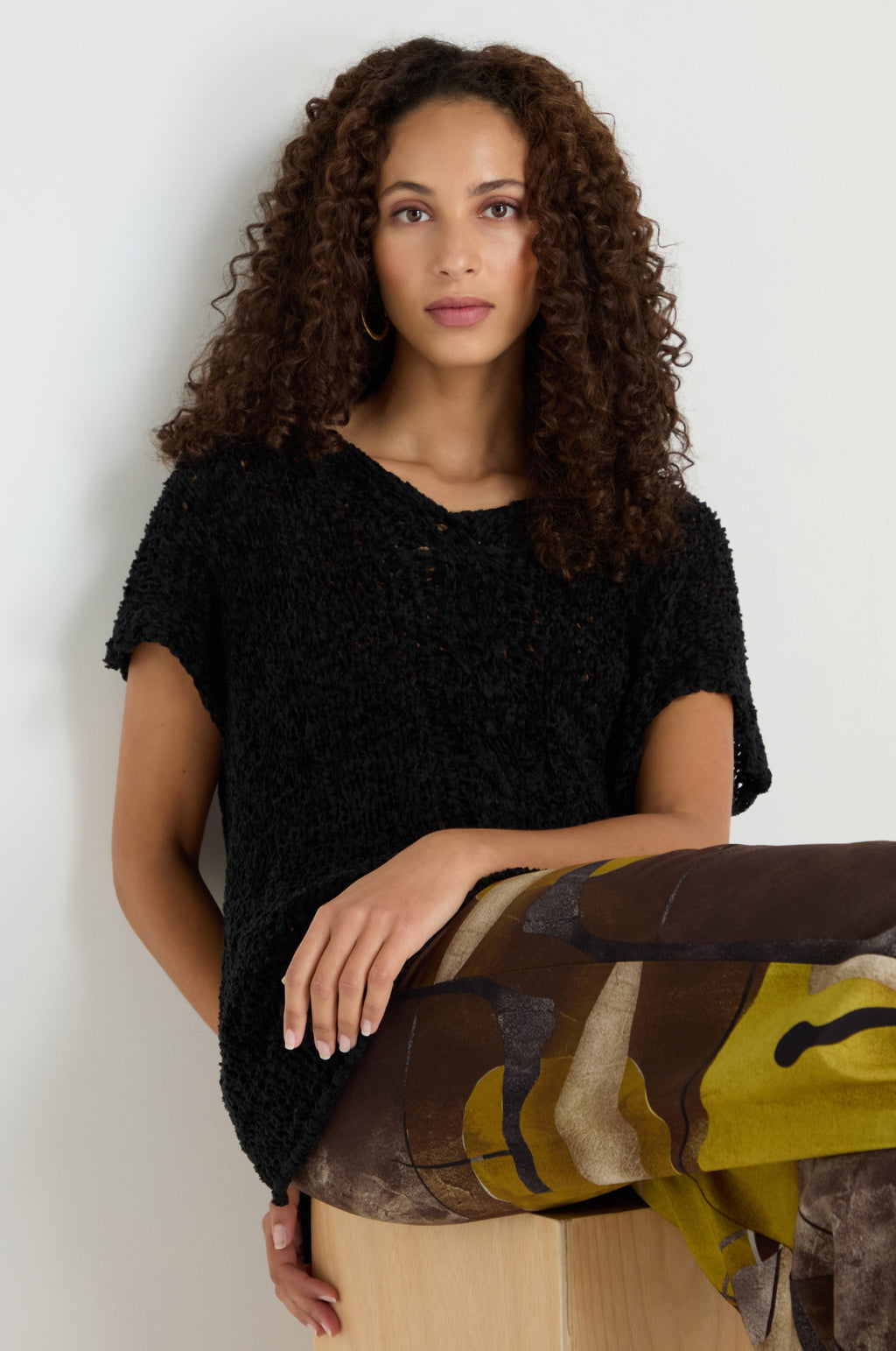 V-Neck Cotton Blend Black Knit
