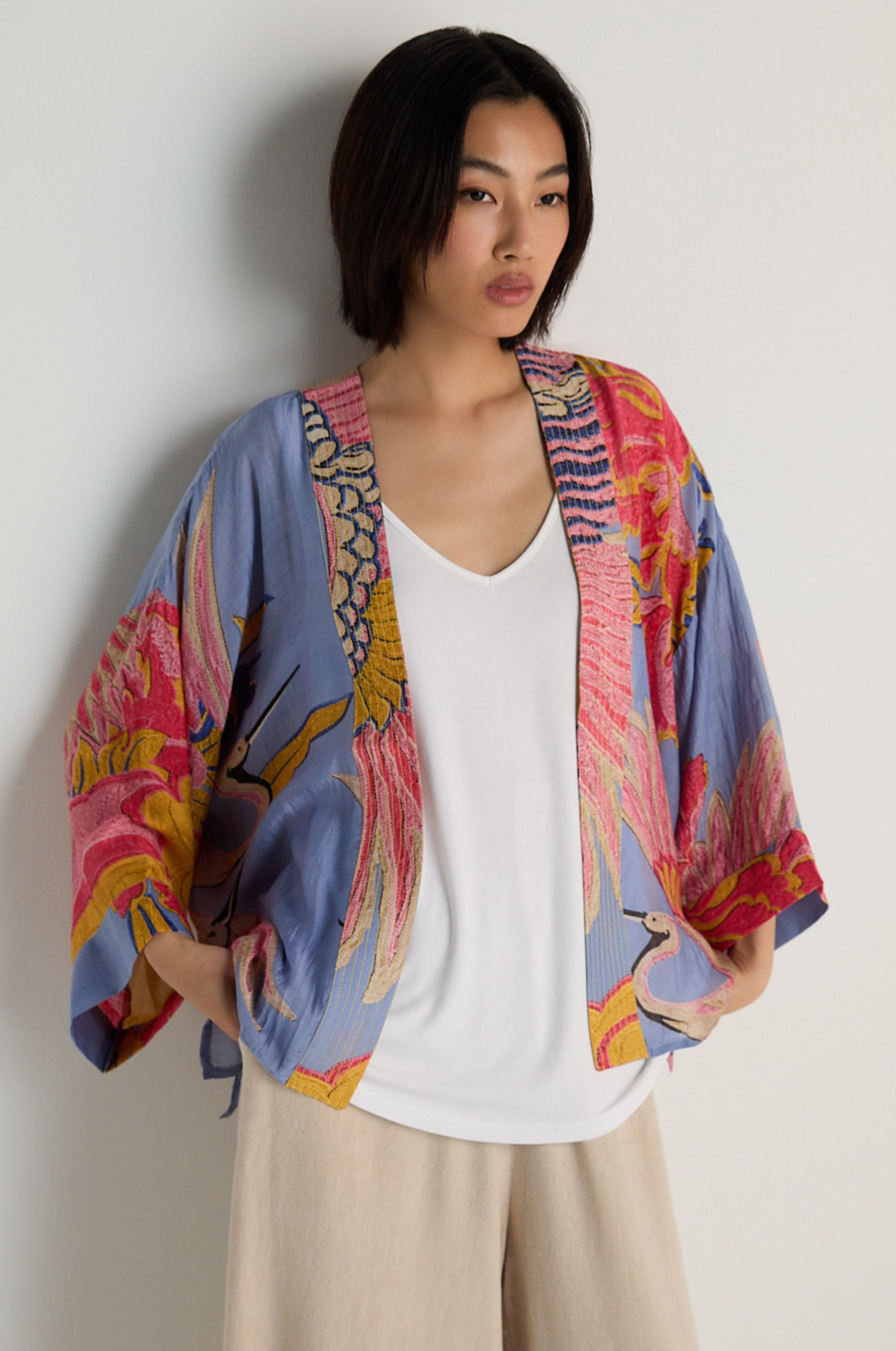 Crane Slate Print Kimono