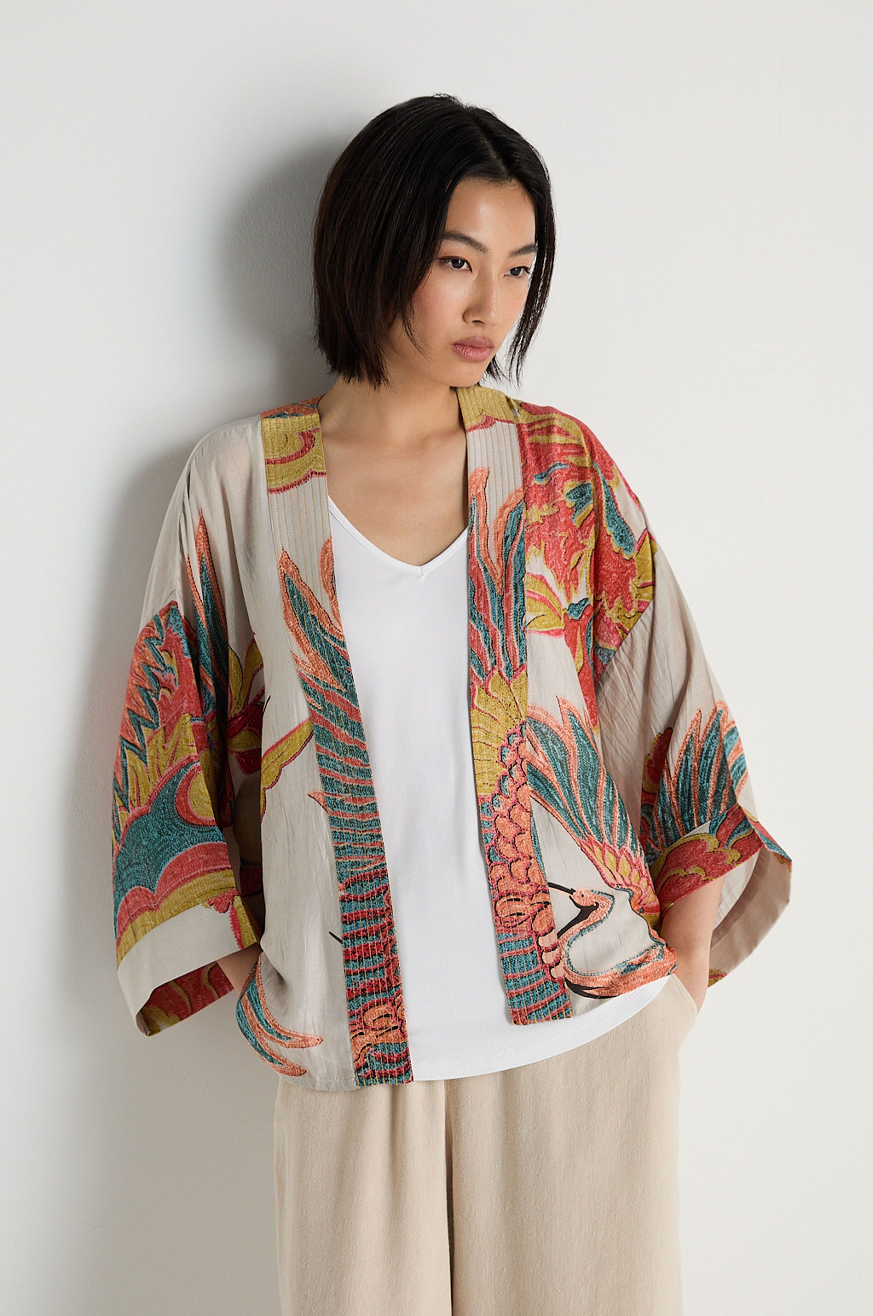Crane Stone Print Kimono