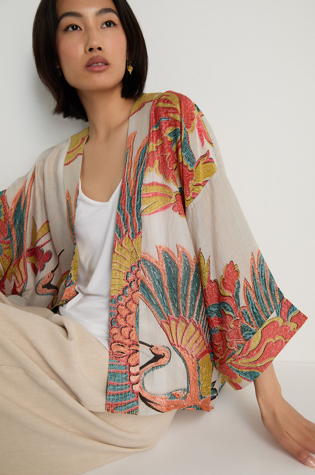 Crane Stone Print Kimono