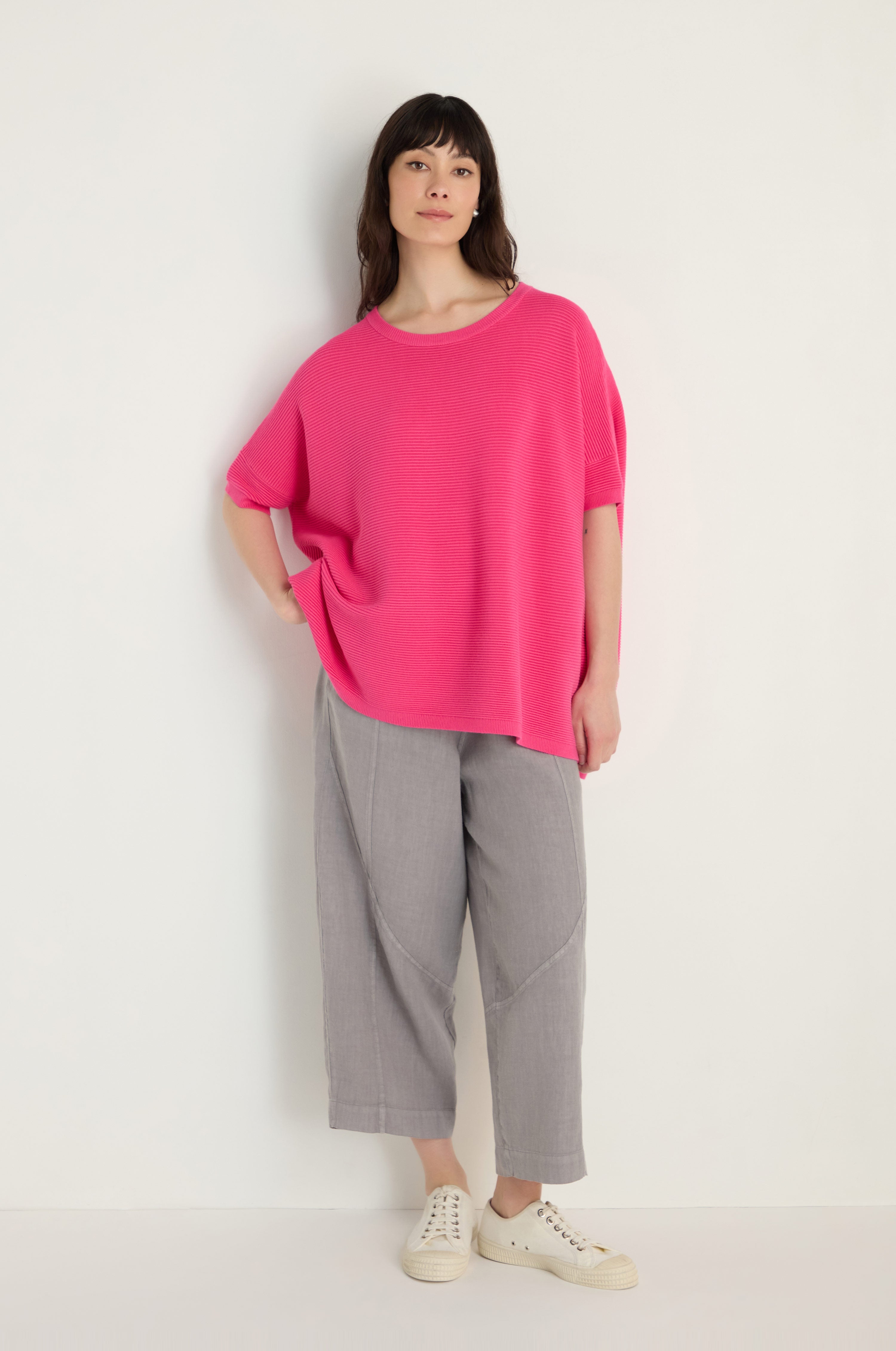 Short Sleeve Hot Pink Ribbed Jumper