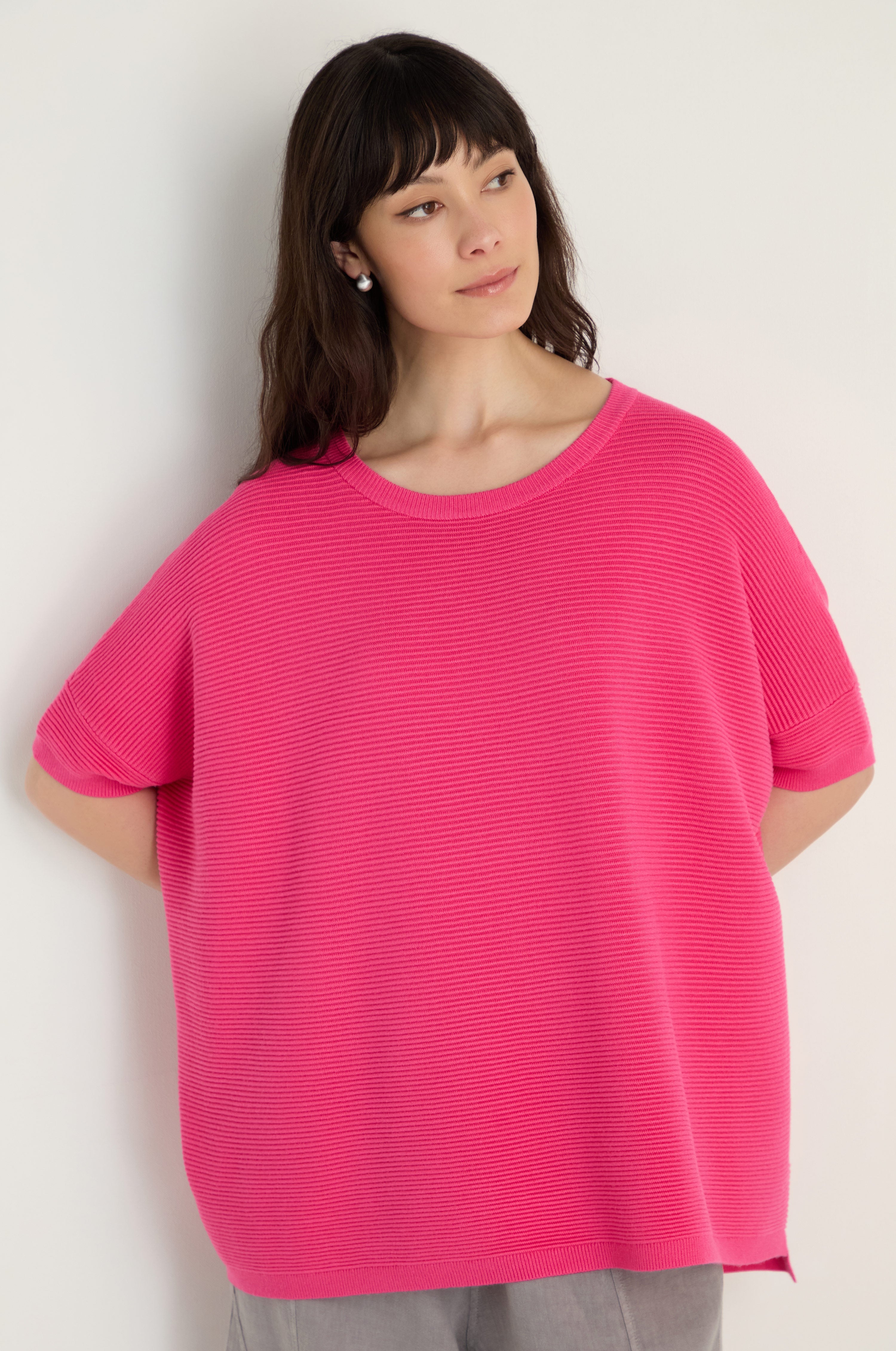 Short Sleeve Hot Pink Ribbed Jumper
