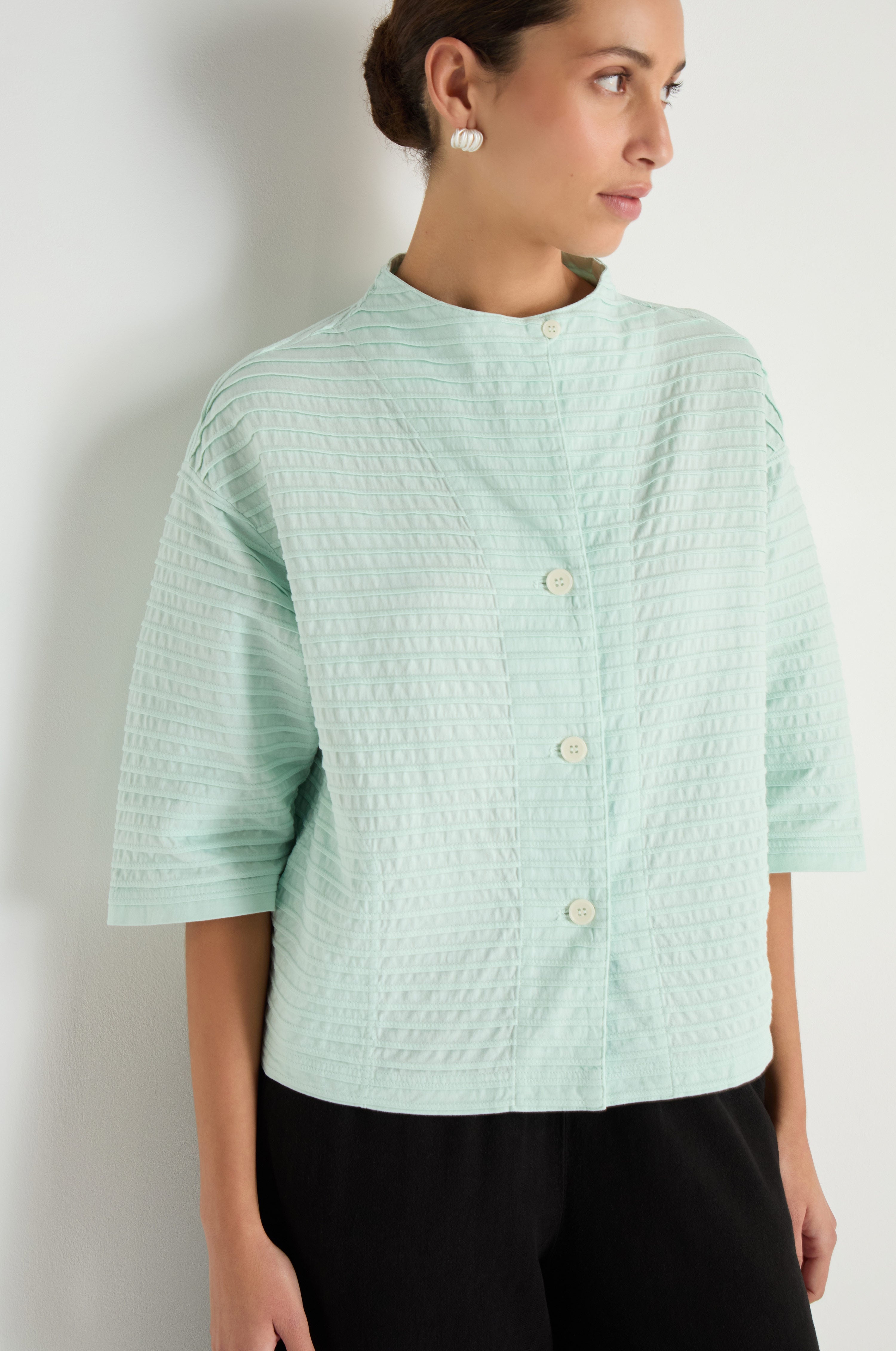 Funnel Neck Stone Blue Cotton Jacket