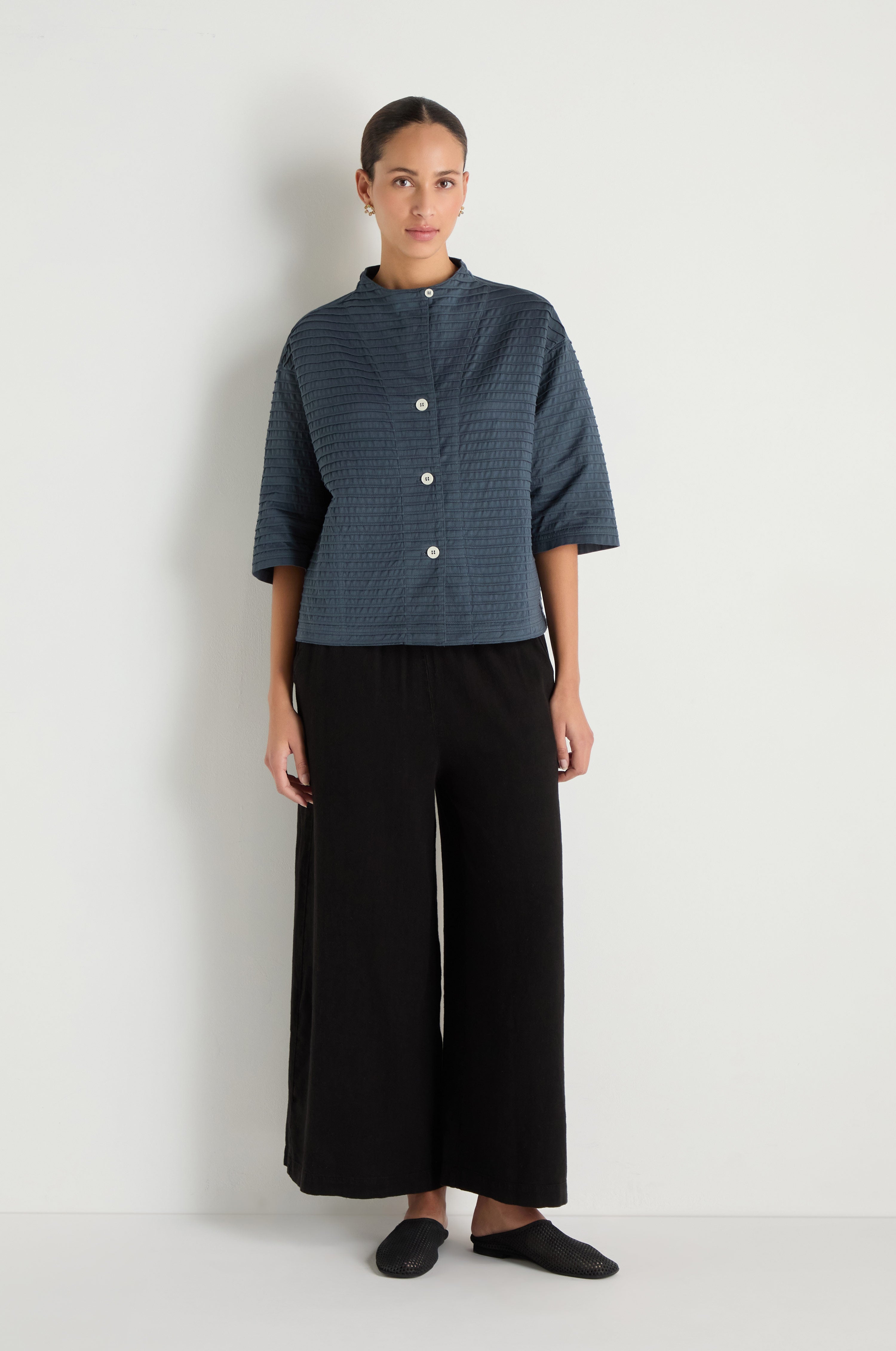 Funnel Neck Stone Blue Cotton Jacket
