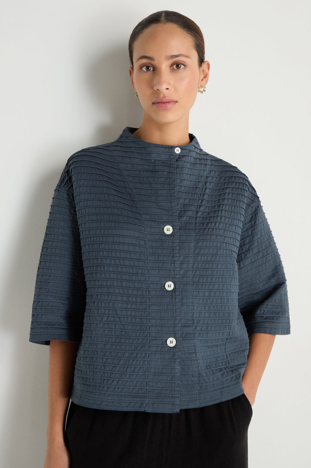 Funnel Neck Stone Blue Cotton Jacket