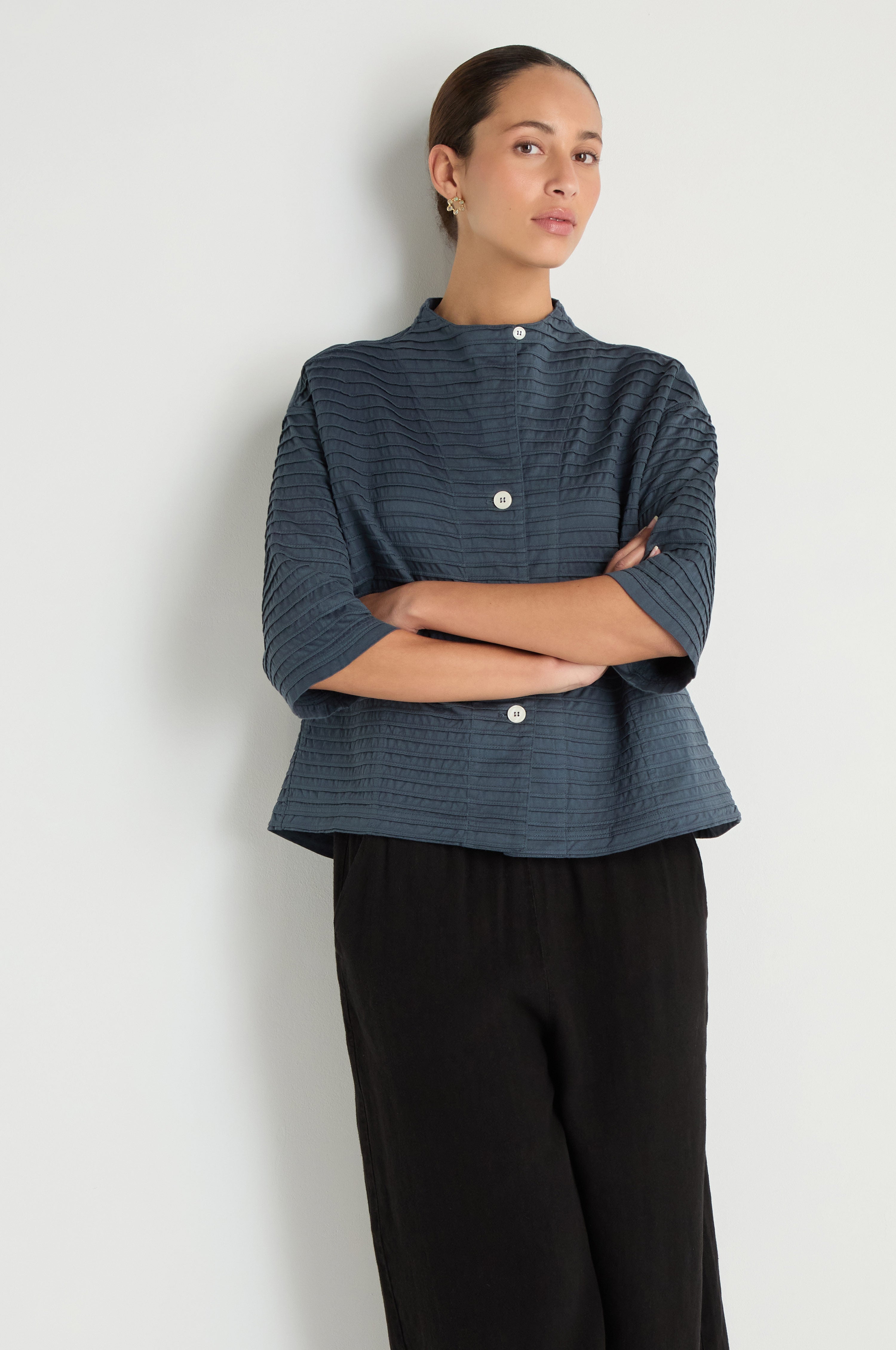 Funnel Neck Stone Blue Cotton Jacket